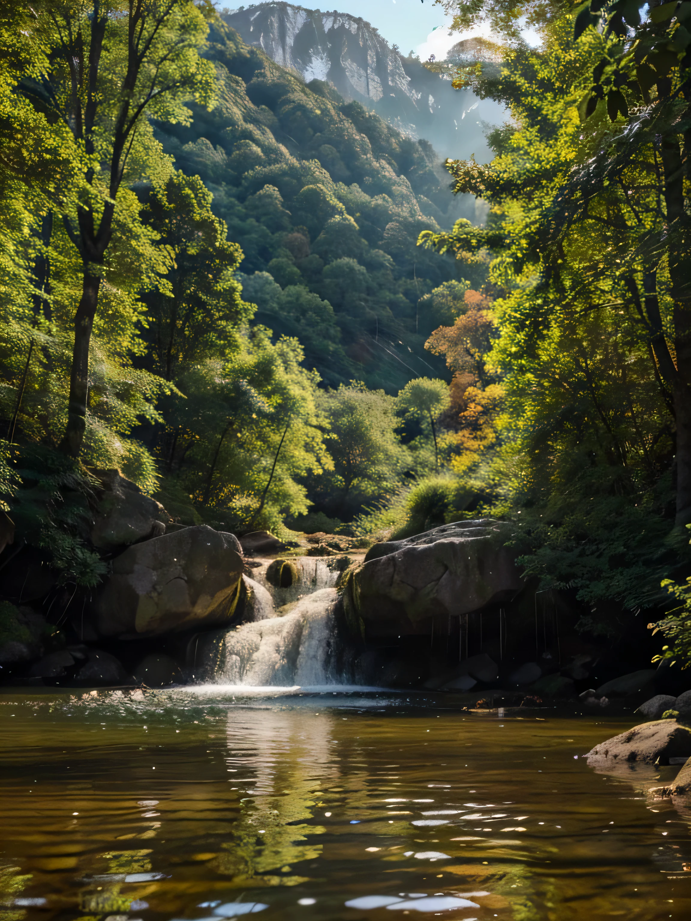 Nature, 4K resolution, detailed, full image, serene landscapes, vibrant flora, tranquil scenes, sunsets over mountains, forests with dappled sunlight, reflections on lakes, earthy tones, harmonious color blend, soft flowing water, sunlight through leaves, subtle shadows, touch of magic, ethereal lighting, high-resolution, suitable for framing. Capture the essence of calm and connection with nature.