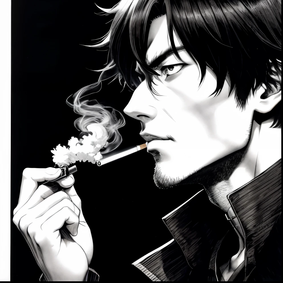 Manga Villain, anime, a man smoking a cigarette in a dark room, black and white manga style, he is smoking a cigarette, gendo ikari smoking a joint, by Eizan Kikukawa, dramatic smoking pose, kaneki ken, manga style of kentaro miura, thick smoke around him, by Kentaro Miura, kentaro miura manga art style