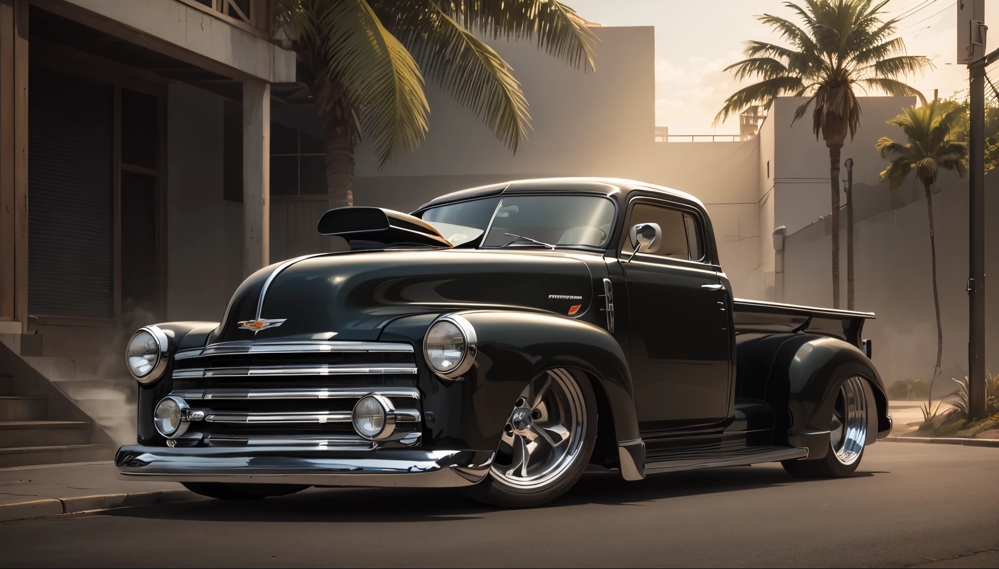 Imponente Pick Up Chevy Preta 55 Show Car, enormes rodas BBS, Ridiculously low posture parked near palm trees and beautiful mansions with balconies in sunny California