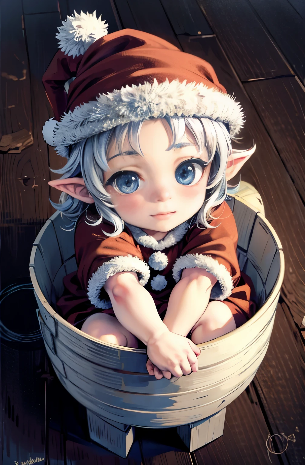Cute adorable helpless dragon wearing a Santa Claus hat. Looking into the camera. A little overhead