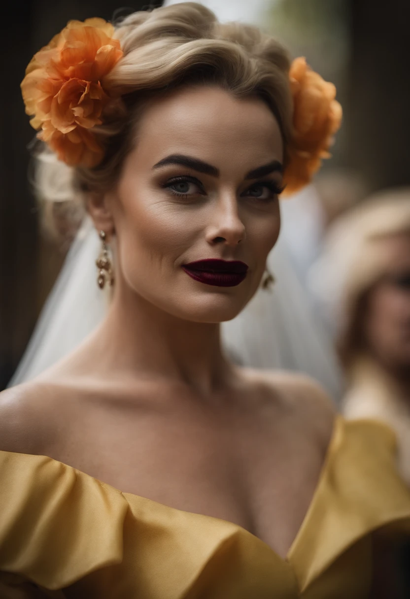 Margot Robbie in clown makeup as a bridesmaid