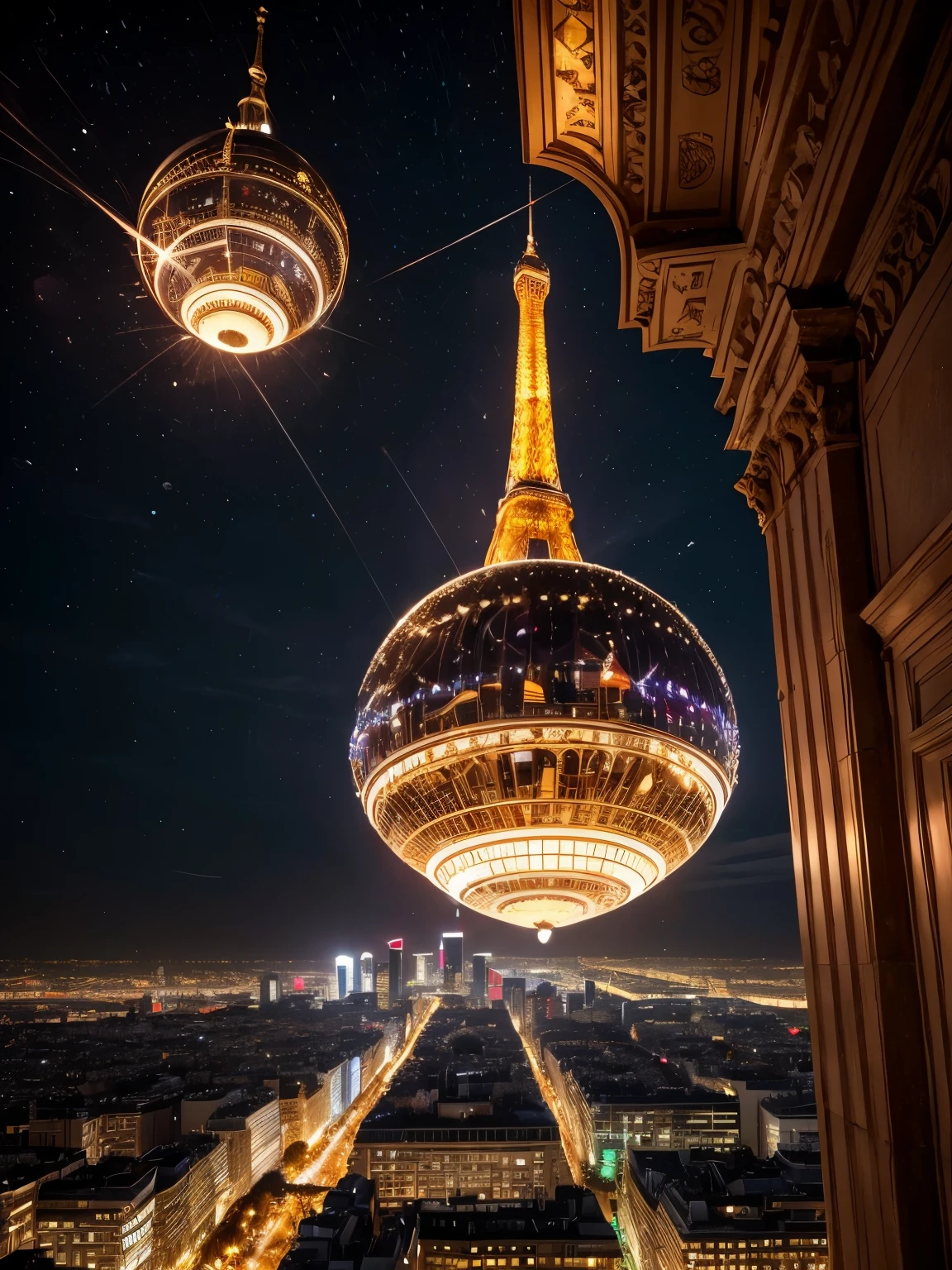 A gigantic spaceship that looks like a Christmas bauble flying over Paris. At night, winter, snowy city.