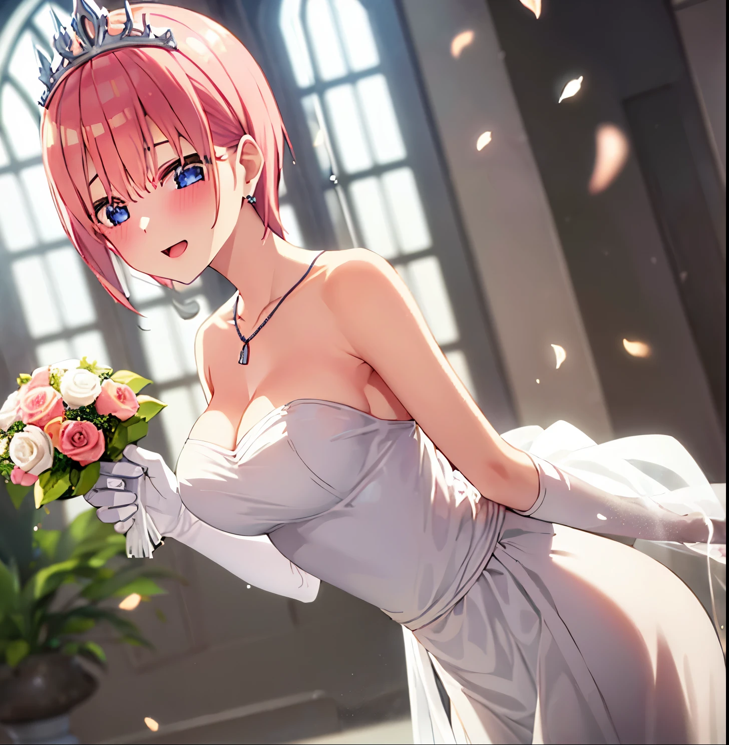 1girl, alone, ichika nakano, Masterpiece, Best quality, High Resolutions, short hair, salmon pink hair, earrings in ears, tiara, Wedding veil, necklace, neckline, wedding dress, Strapless dress, white dress, White gloves, elbow gloves, garden, smile, open mouth, tear, upper body, confetti, holding bouquet, bouquet, good hands, good anatomy, large breasts, medium waist, medium hips, wide thighs, cleavage, good lighting , church, embarrassed, seductive