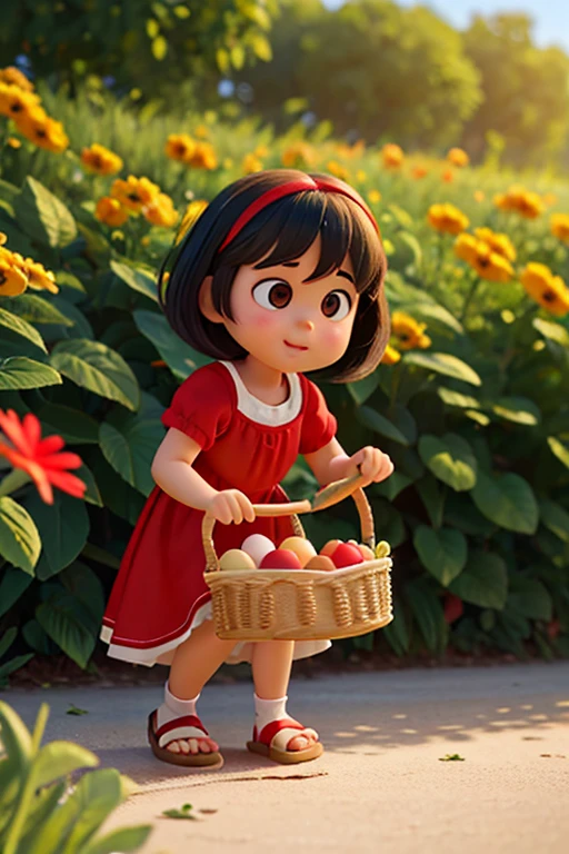 Generate a Pixar-style picture of chubby (1) one  girl, short straight black hair, brown eyes, nothing on hair, combed to the side, knee-right red dress with yellow flowers, with brown flip flops, short red socks, happy and smelling, crouching down, the girl is bending down passing some white eggs delicately from one basket to another basket. cinematic lightning.