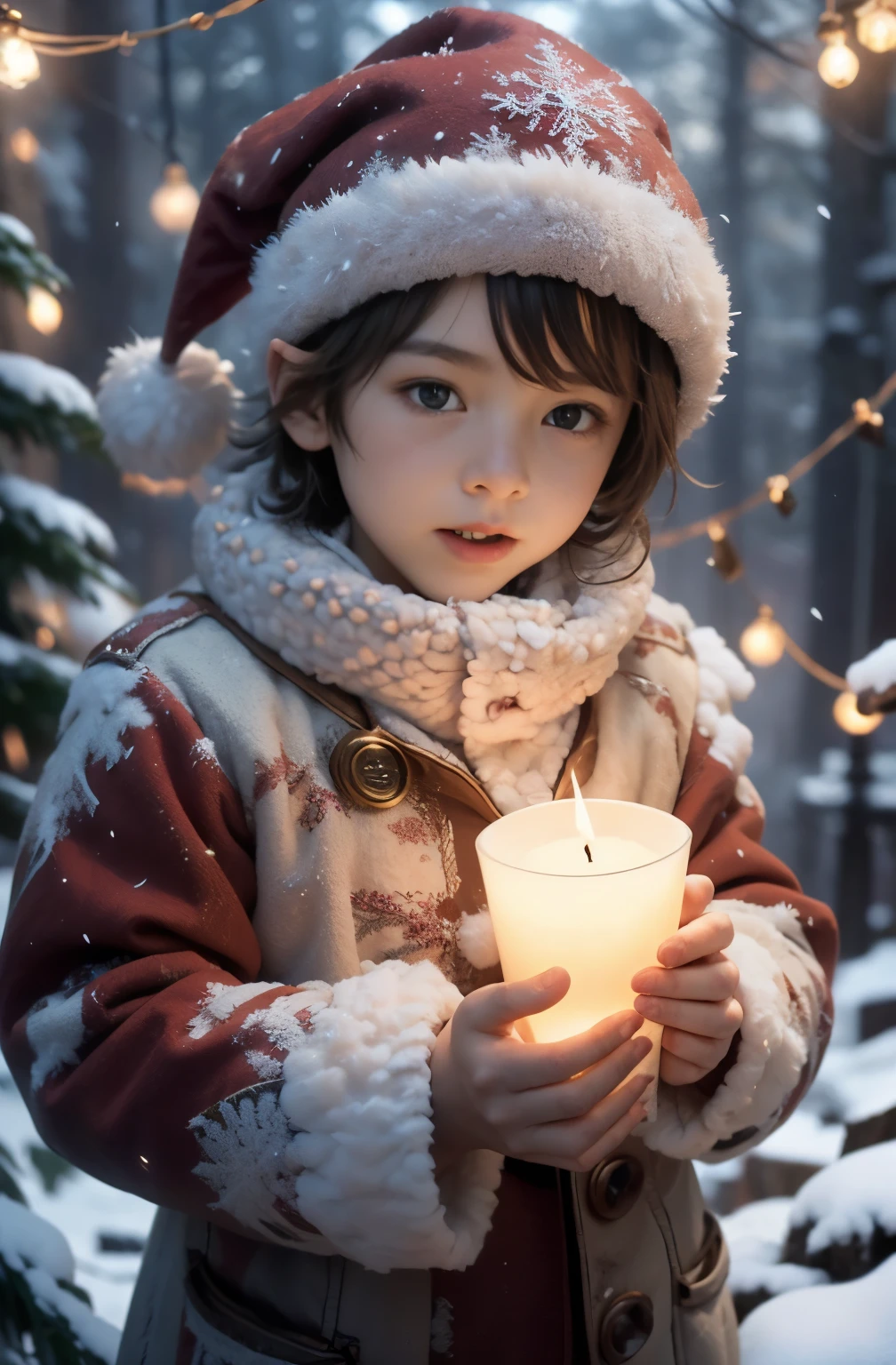 High detail. New Year card. Stylized as vintage paper postcards. Snow-covered glade, morning, snow sparkling, snowflakes falling.  Close-up of a cute boy in a red winter jacket and Santa Claus hat. The boy is holding out to the viewer a lollipop in the shape of a fairy-tale dragon. The scene is framed by fir branches with cones. Delicate muted colors, snowflakes, candlelight.