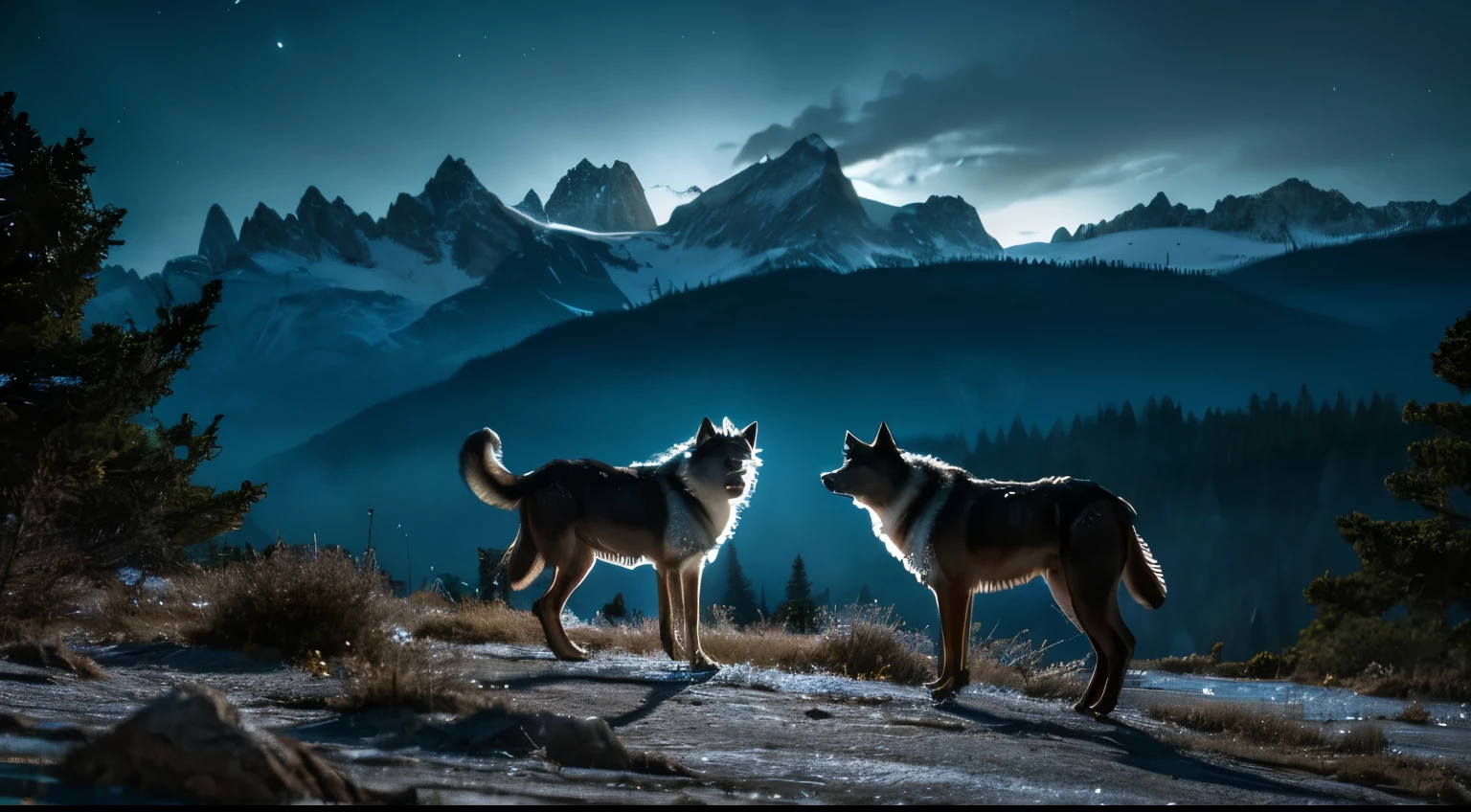 (best quality, 4k, highres, masterpiece:1.2), ultra-detailed, realistic:1.37, wolf pack, majestic landscape, rugged mountains, dense forest, moonlit night, silver moonlight, mysterious atmosphere, powerful predators, fierce gaze, howling in the distance, alpha leader, pack unity, wild nature, untamed spirit, frozen breath, chilling wind, glowing eyes, piercing howls, primal instincts, stealthy movements, hunting in the shadows, captivating beauty, ancient guardians, haunting silhouette, wilderness adventure, moonlit rendezvous, mesmerizing scene, epic encounter