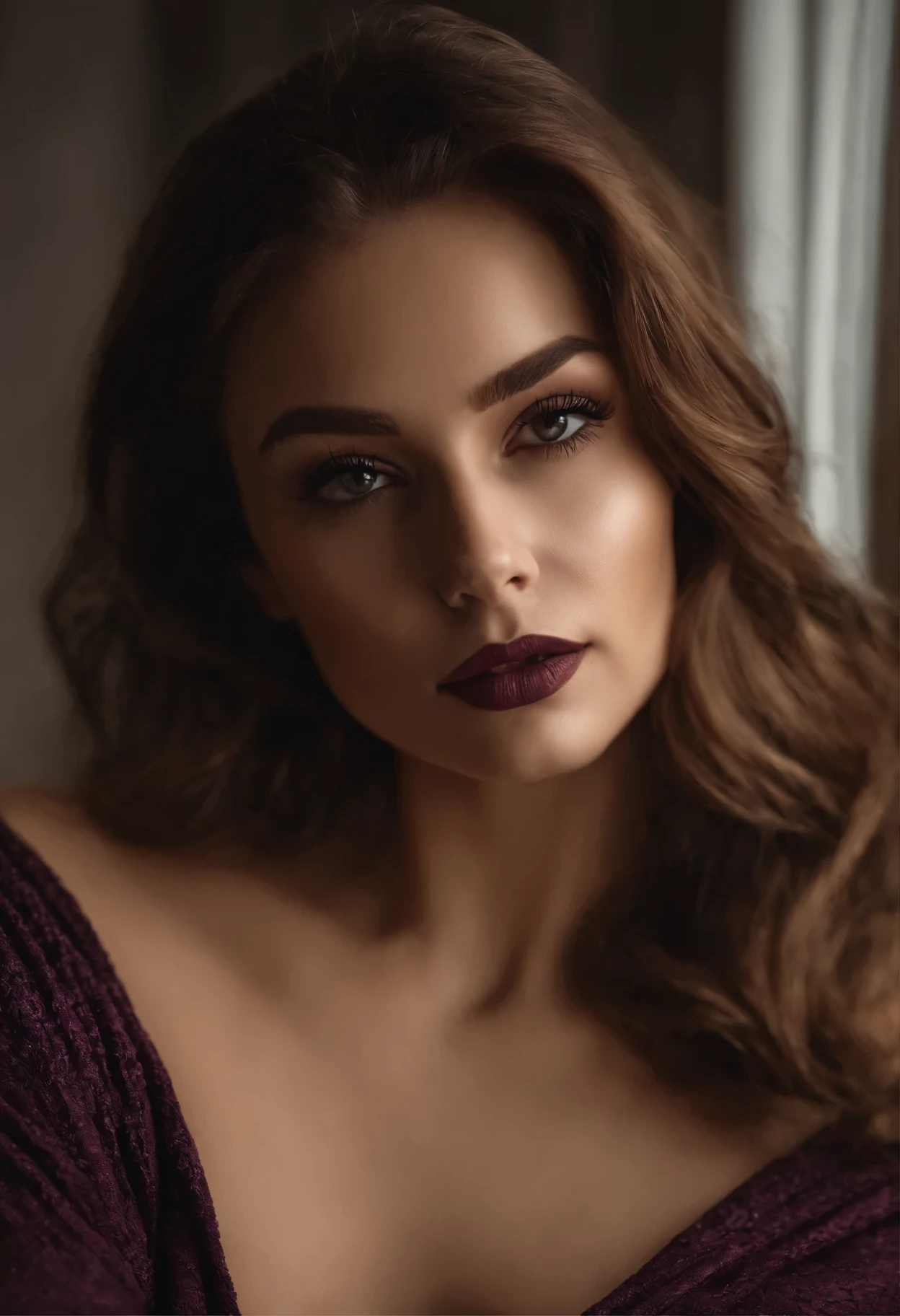 arafed frau mit schwarzen kleidern,  mit braunen Augen, portrait sophie mudd, brown hair and big eyes, Selfie einer jungen Frau, Augen im Schlafzimmer, Violet Myers, ohne Make-up, Natural makeup, Blick direkt in die Kamera, Gesicht mit Artgram, dezentes Make-up, Stunning full body shot, im Schlafzimmer, Spaltung