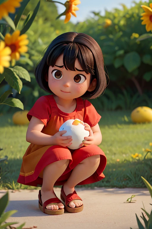 Generate a Pixar-style picture of chubby (1) one girl, short straight black hair, brown eyes, nothing on hair, combed to the side, knee-right red dress with yellow flowers, with brown flip flops, short red socks, happy and smelling, crouching down, the girl is bending down passing some white eggs delicately from one basket to another basket. cinematic lightning.