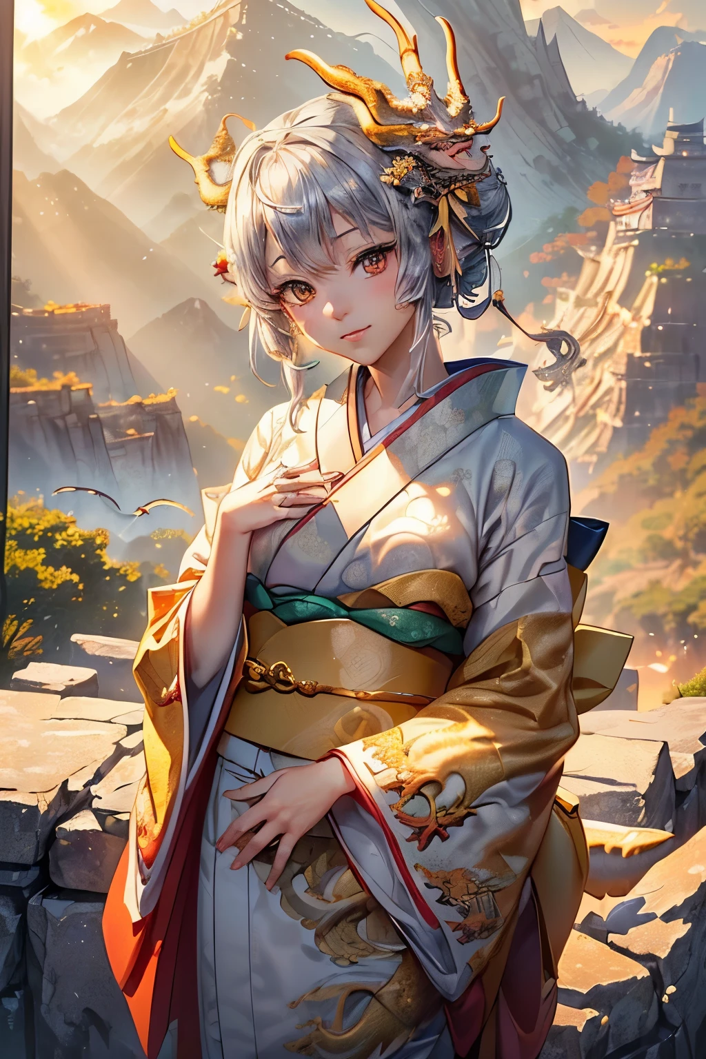 ((worst quality, low-quality)), ((girl with)), Solo, (facefocus,:1.4), ((half updo, Silver hair)), clear eyes and plump, Glossy lips, Gold eyes):1.2), Spoken Heart, ((perfect hand:1.5), (traditional Japanese clothing:1.2), (wearing a kimono with a dragon pattern, Dragon embroidery, Dragon pattern:1.3), embarrassed, Standing, Looking at Viewer, Head tilt, (The theme is the fragility of life.:1.0), (sunrise light, rays of the morning sun:1.4), (Golden Dragon, Golden Dragonの頭:1.3), (Beautiful magnificent mountains and dragon background:1.4),masutepiece, Best Quality, ultra-detailliert,