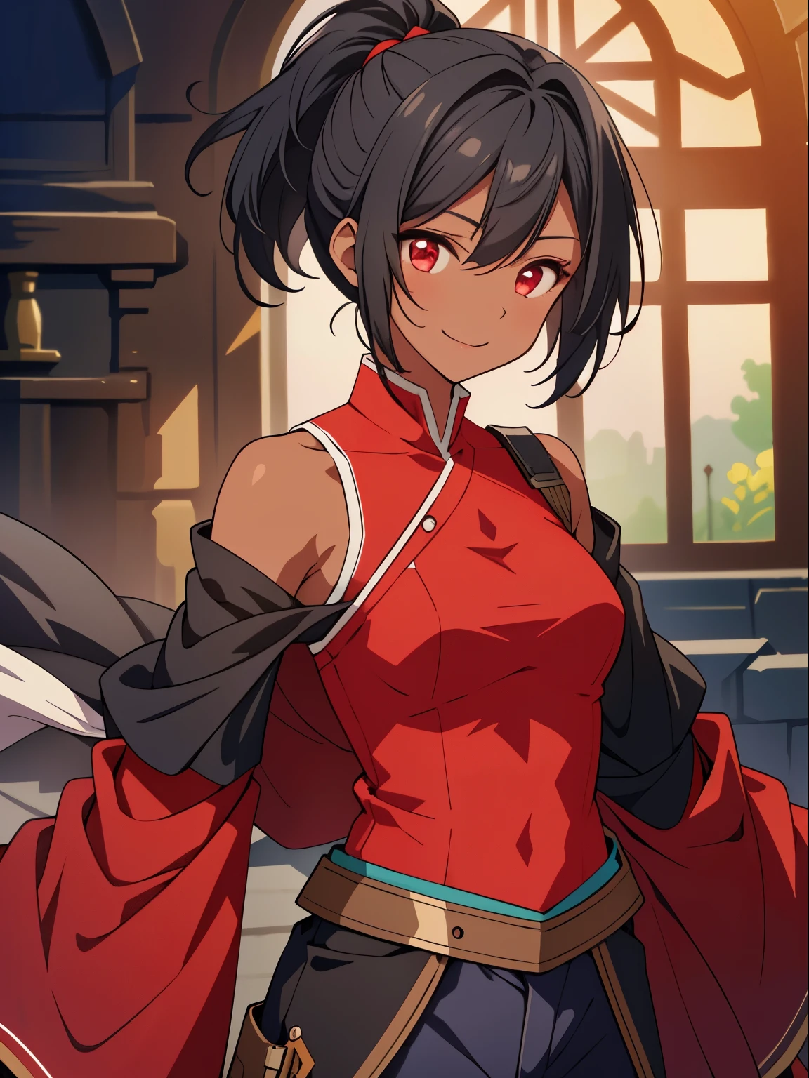 dreamy, (masterpiece), best quality, 1girl, Black short hair, amazing, beautiful detailed eyes, red eyes, fine details, depth of field, extremely detailed CG, ((Black skin)), Medieval pants, Red sleeves, black blouse with red details, small breasts, muscular girl, korra, dark skin, dark-skinned female, ponytail, hair tubes, short hair, perfect anatomy, perfect hands, 1girl, solo,(high detailed skin:1.2), beautiful (skinny:0.8), (black skin:0.2), medieval background , smiling, Stop