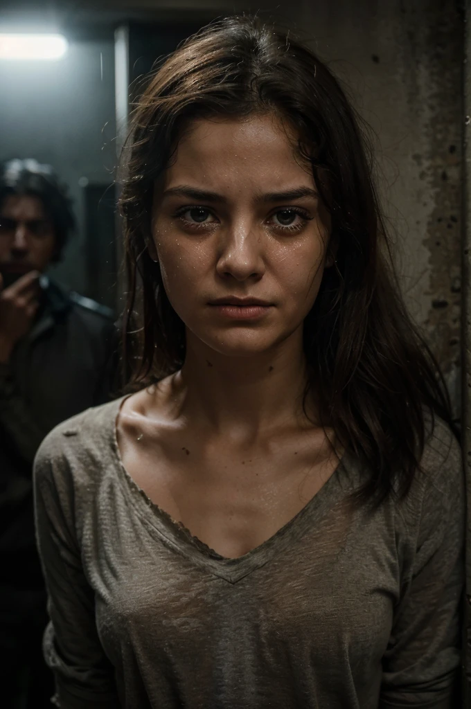 A skinny thin dirty hungry 20-year-old woman, dressed in rags, is being pressed against the wall by men in a police station. The scene takes place in the afternoon. The focus is on the intense and distressing interaction between the woman and the men. The woman's eyes reflect fear and desperation, with tears streaming down her face. The men display aggression, exerting force on her, emphasizing their dominance and control. The woman's disheveled appearance and torn clothing highlight her vulnerability and dire circumstances. The dimly lit room adds to the tense atmosphere, casting shadows on the characters. The overall image should have a high level of detail, rendering the facial features and emotions realistically. The color palette should be muted, conveying a sense of gloom and despair. The prompt should aim for the best quality, with ultra-detailed depiction and realistic rendering to ensure a powerful and impactful portrayal of this distressing situation.