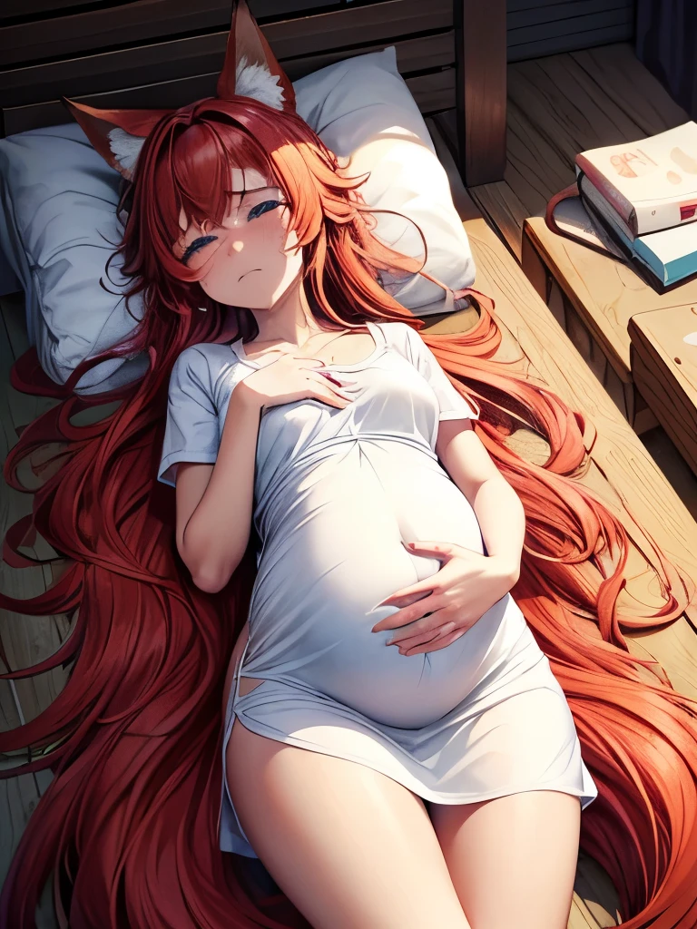 Girl, woman, curvy, fox ears, fox tail, red fur, long hair, wavy hair, red hair, comfortable clothes, soft clothes, pastel colours, tall, lounging, tan skin, woman, very pregnant, tired, laying down, pain, agony, labour, contractions, labour contractions, labour pain, crying, tears, crying in pain, scared, half-lidded eyes, painful, in pain, grimacing, eyebrows furrowed, medical, panting, exhausted, pained, aching, ache, very huge baby belly, agonizing pain, heavy breathing, safe for work, pained face, white nightshirt, small chest, hospital, medical, modest clothes