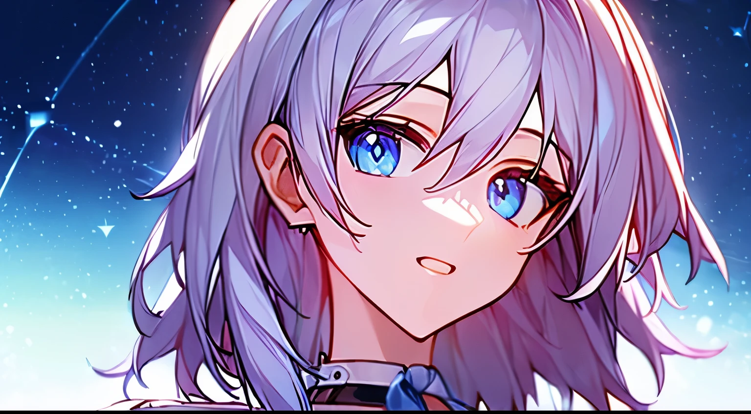 One girl、Gray Hair、Blue to purple gradation at the tip of the hair、White, clear, shining eyes、Big eyes、Fair skin、Lilac anorak parka、smile、Beautiful background in lilac colors、Perfect Face、Cute Face、Highest quality、Masterpiece