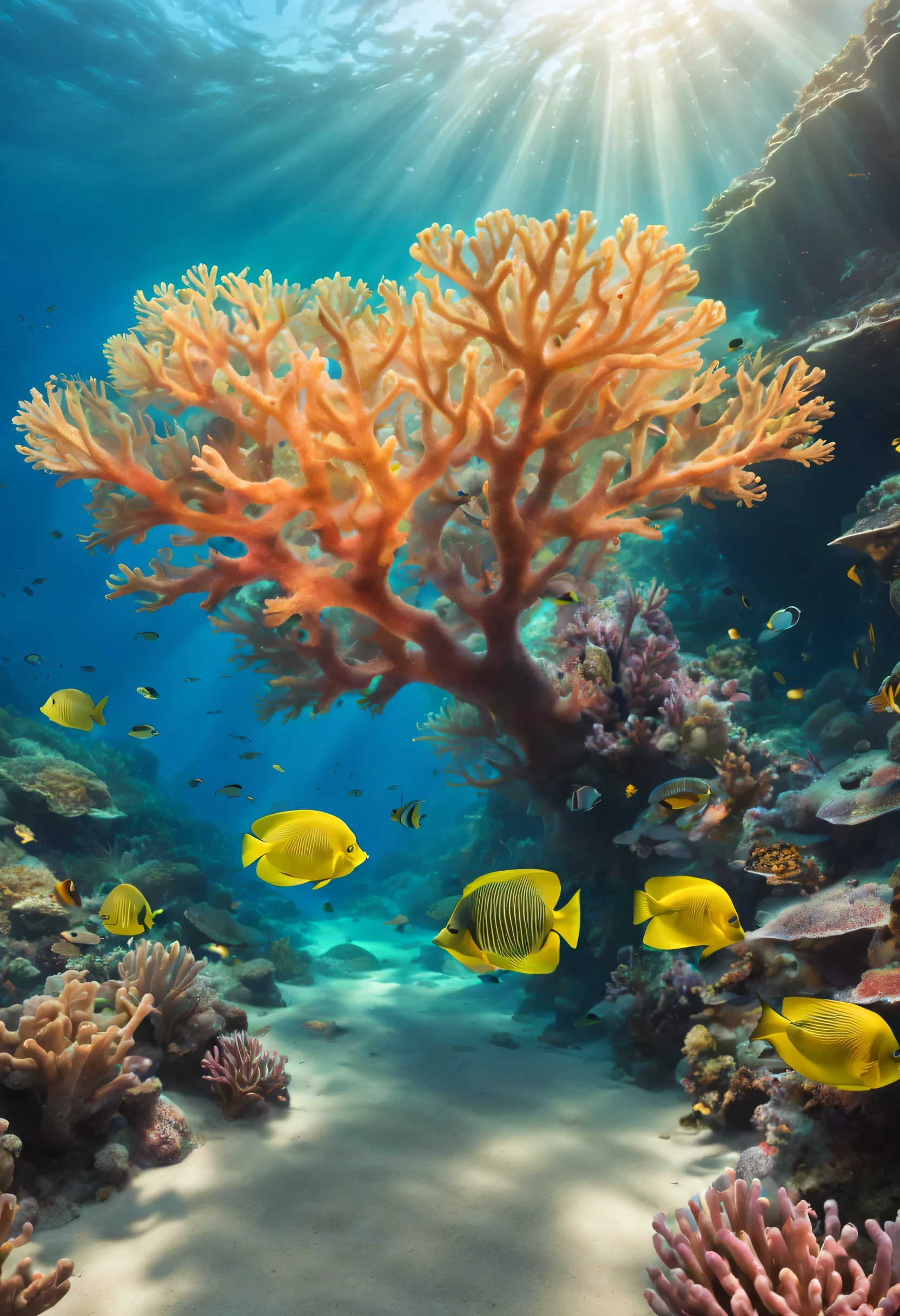 The seabed, very colorful and detailed. Rays of light pass through the water. Magnificent corals and fish are visible