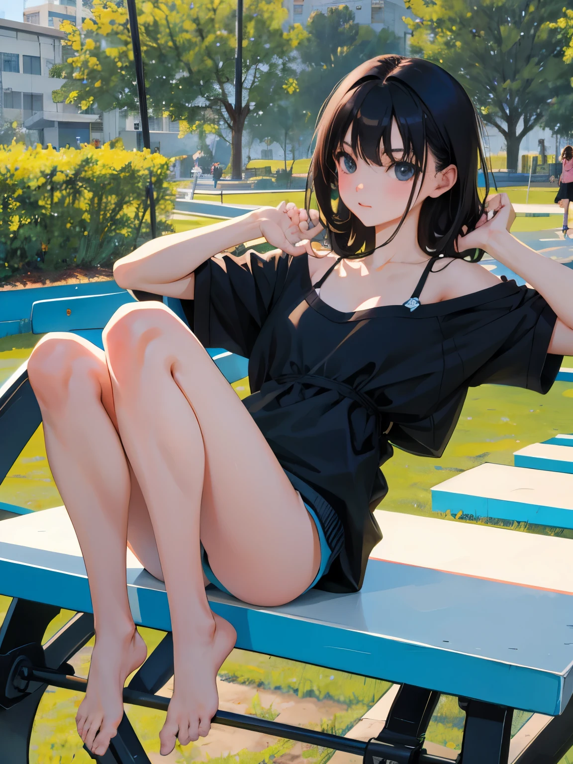 a park，seesaw，（​masterpiece，Highest Quality），child，(A dark-haired)，Delicate body