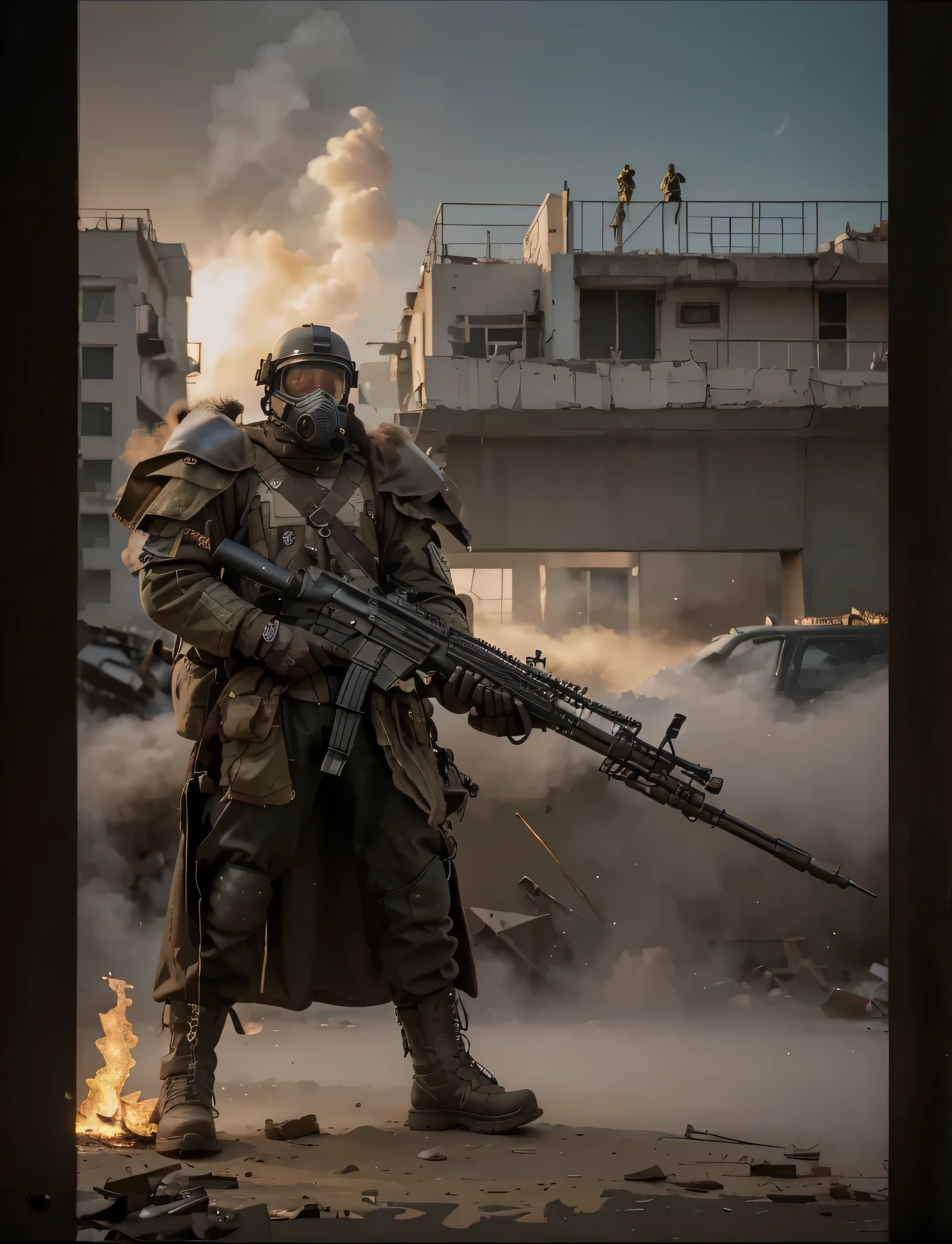 Soldado masculino, tactical gas mask with tubes, Soviet style military uniform in light brown color., metal shoulder pads, casco militar metalico, Harnesses and belts with ammunition, manos con guantes de cuero negro, lleva un rifle de asalto pesado con bayoneta, he is in a completely destroyed Australian city, communist symbol painted on a wall, cielo rojo, Fuego y mucho humo, 4k, Ultra detallado image, realista, Altamente detallado, perfect composition, splendid, Intrincadamente detallado, Incredibly detailed, 8 k artistic photography, hiper detallado , Obra maestra, Ultra detallado, hyper realista, 4k, Ultra detallado image, realista, Altamente detallado, perfect composition, splendid, Intrincadamente detallado, Incredibly detailed, 8 k artistic photography, hiper detallado, Obra maestra