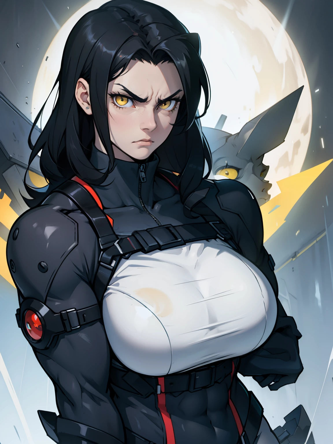 empty eyes embarrassed black hair yellow eyes pale skin muscular girl massive breasts