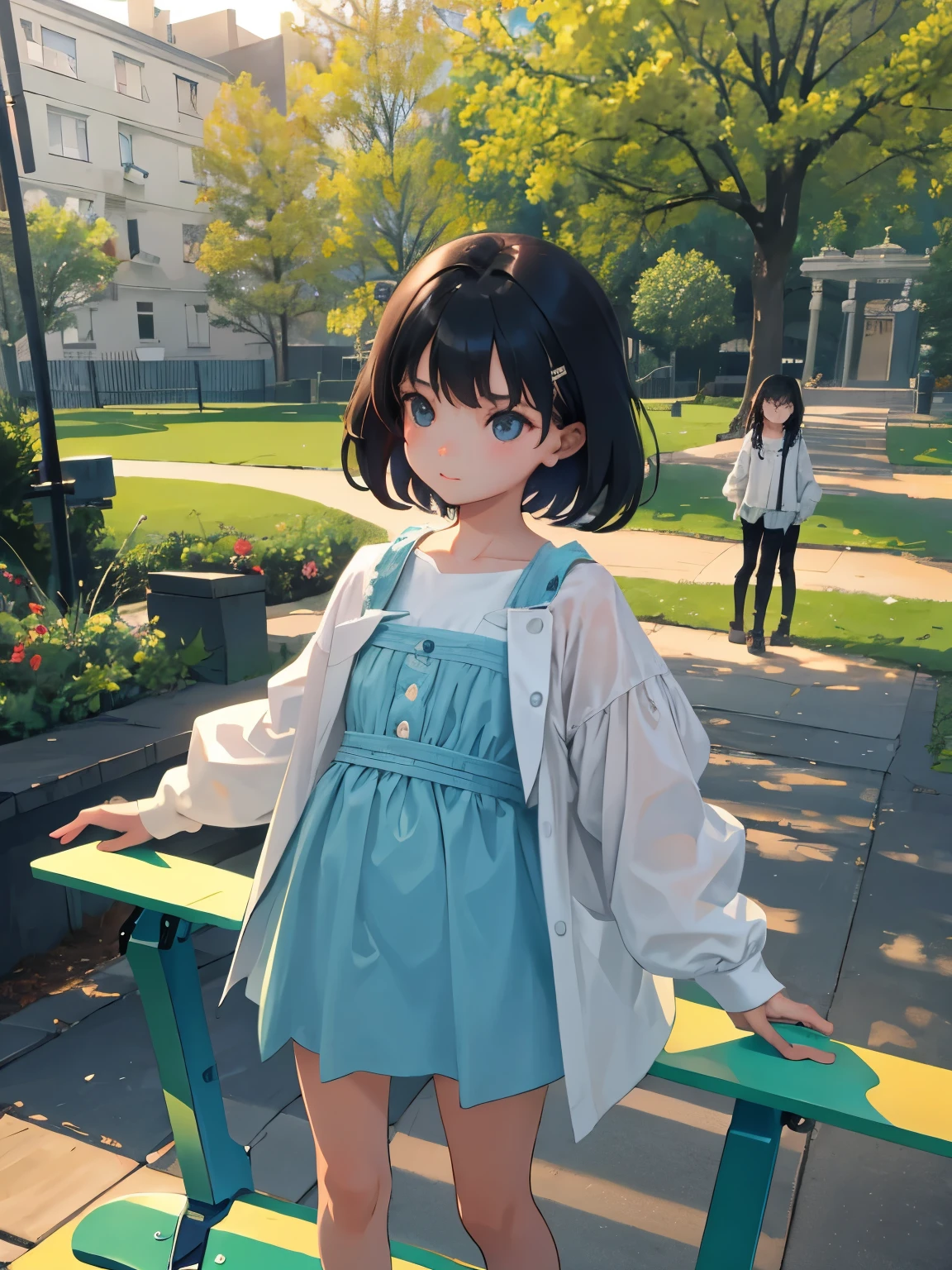 a park,seesaw,(masterpiece,Highest Quality),child,(A dark-haired),Delicate body