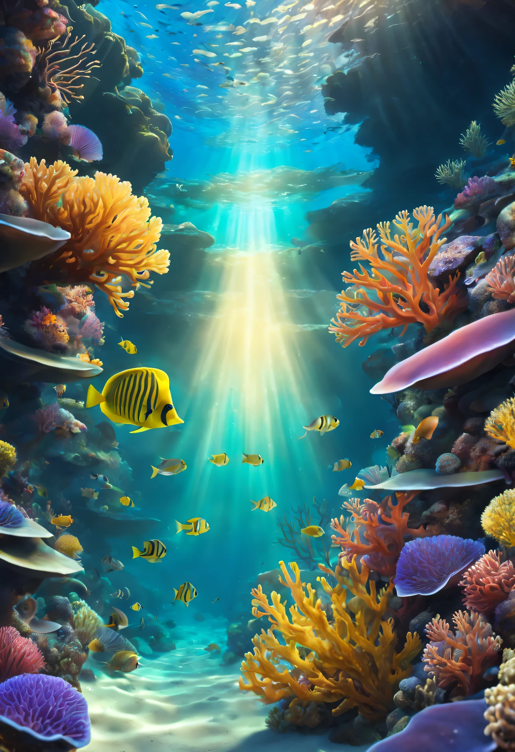 The seabed, very colorful and detailed. Rays of light pass through the water. Magnificent corals and fish are visible