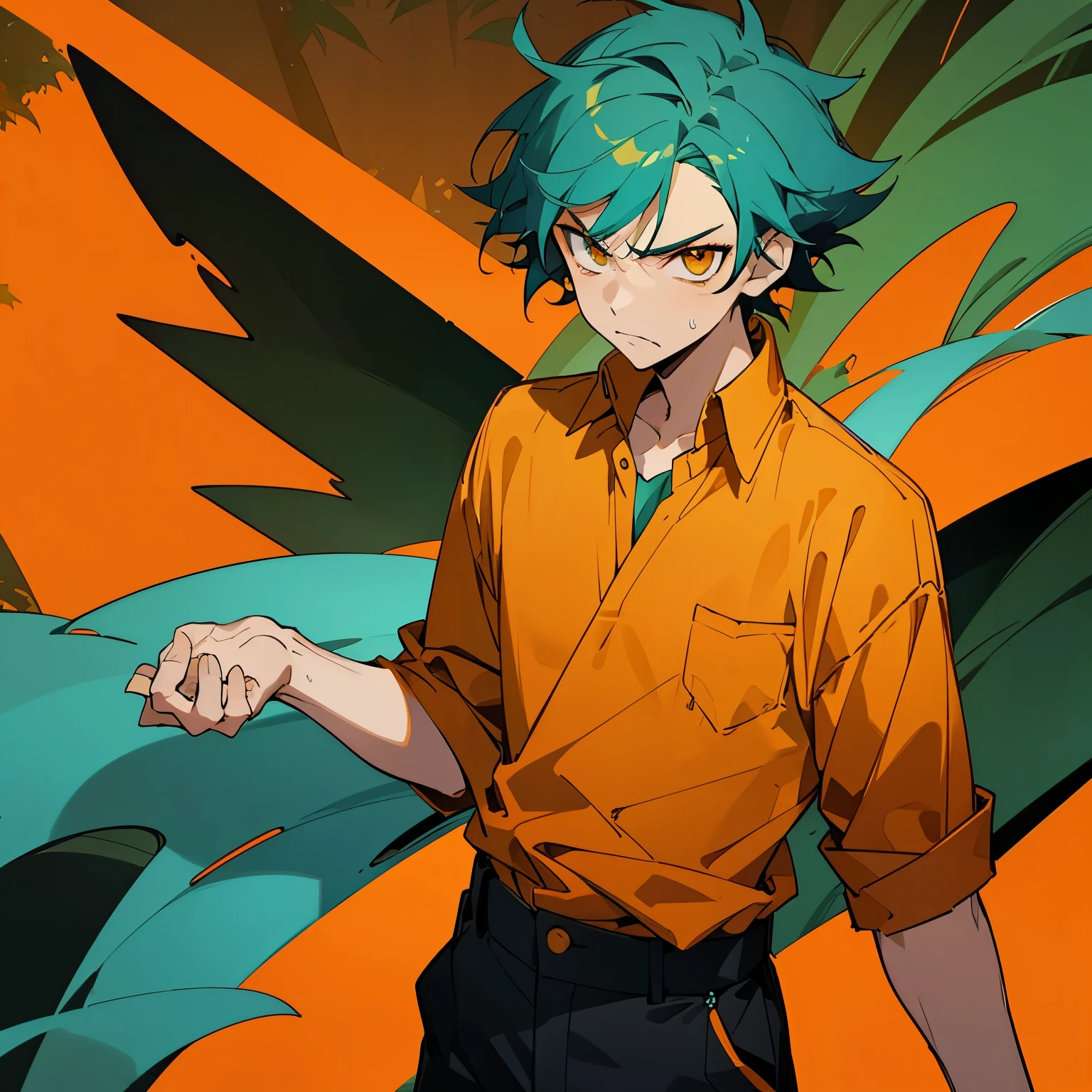 1 boy, Turquoise hair, orange eyes,  green shirt, black pants, handsome, 15 years old kid, orange eye liner, annoyed, forest background