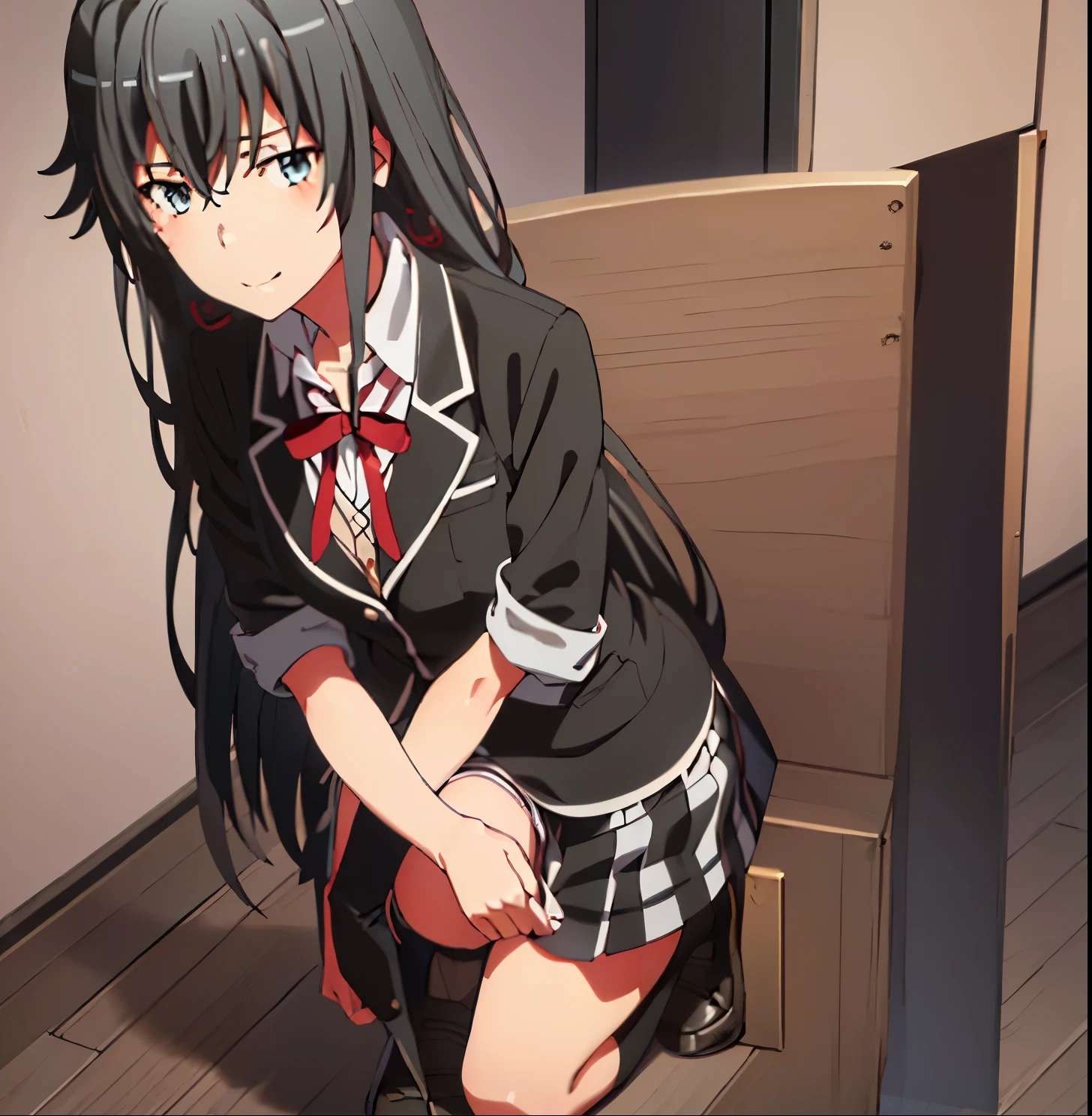 (masterpiece: 1.2, best quality), 1 girl, alone, (make her yukino yukinoshita: 1.5), smile, thin, slender, green eyes, sharp eyes, small breasts, medium waist, medium hips, wide thighs, leaning forward , looking at the viewer, pov (from below), white shirt, pleated skirt, black, knee-high socks, areola, low top, embarrassed, legs apart, on her knees, very long black hair, school, good hands, good anatomy