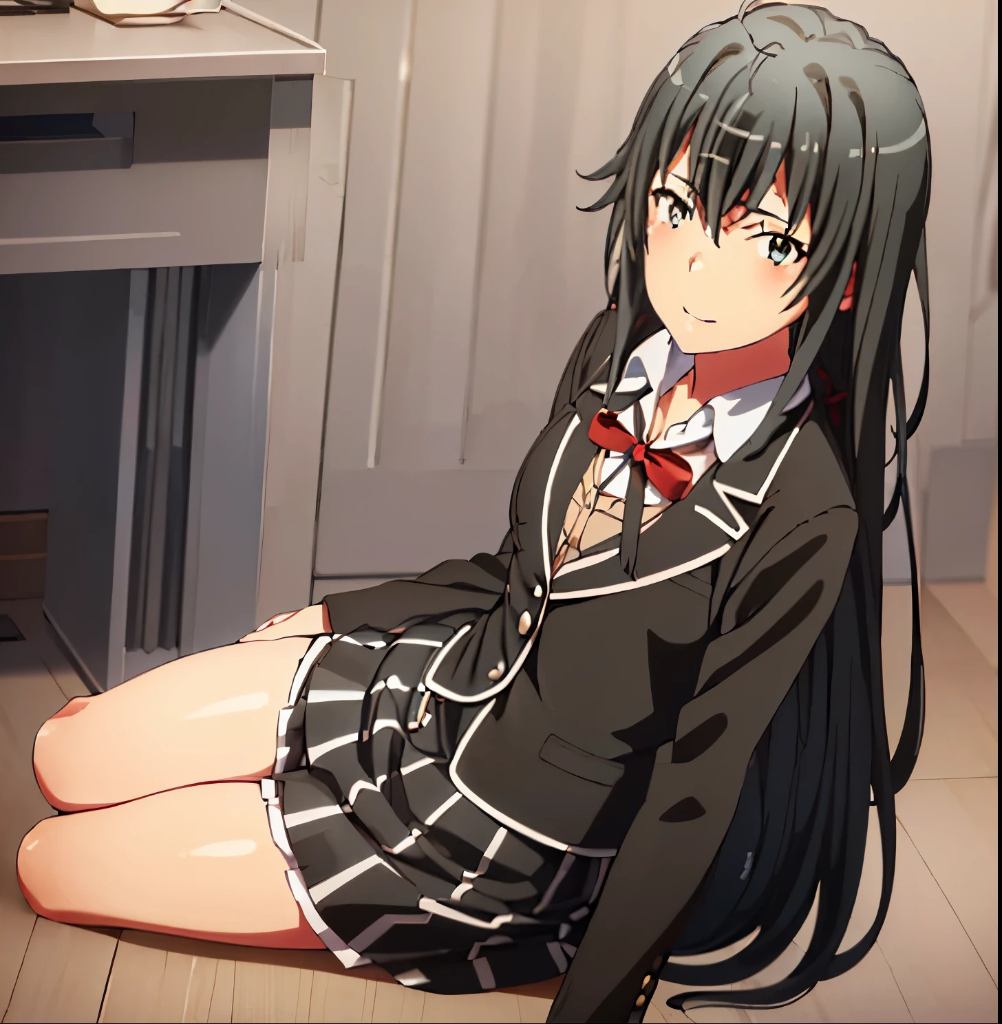 (masterpiece: 1.2, best quality), 1 girl, alone, (make her yukino yukinoshita: 1.5), smile, thin, slender, green eyes, sharp eyes, small breasts, medium waist, medium hips, wide thighs, leaning forward , looking at the viewer, pov (from below), white shirt, pleated skirt, black, knee-high socks, areola, low top, embarrassed, legs apart, on her knees, very long black hair, school, good hands, good anatomy