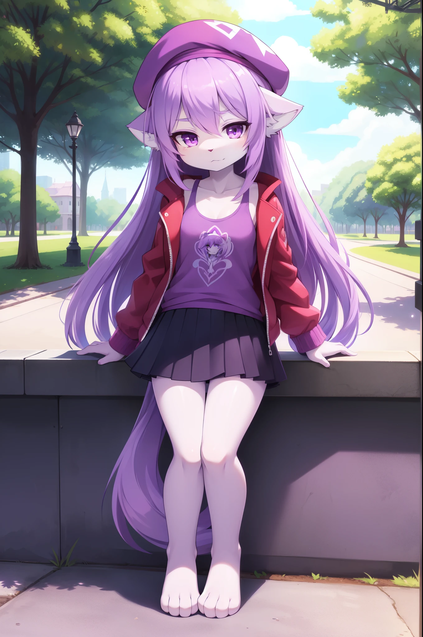 furry girl, young, cat, lilac hair, emo hairstyle, long hair, anime style, medium breasts, purple eyes, ((magenta french beret, red jacket, open clothes, blue tank top, purple skirt)), park, clear sky, high quality, detailed body, detailed eyes, detailed face, masterpiece, glistening body, shiny body, detailed body fur, best quality, two tone body fur, purple body fur, clear purple body fur, skinny, :3, feets whit three toes, full body,