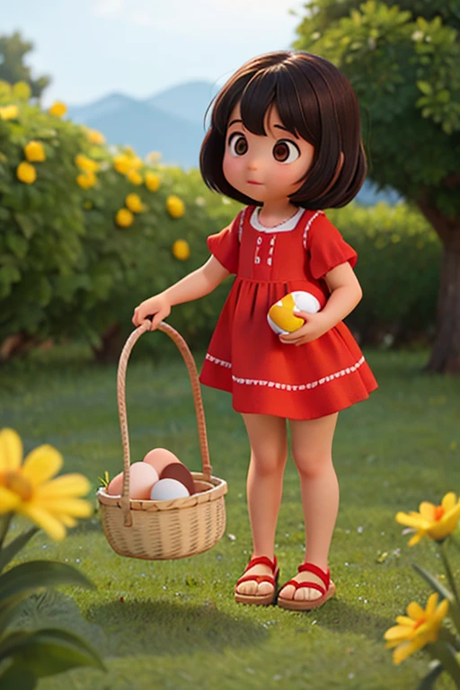 Generate a Pixar-style picture of chubby (1) one girl, short straight black hair, brown eyes, nothing on hair, combed to the side, knee-right red dress with yellow flowers, with brown flip flops, short red socks, happy and smelling, crouching down, the girl is bending down placing a white egg delicately from one basket to another basket.. cinematic lightning.