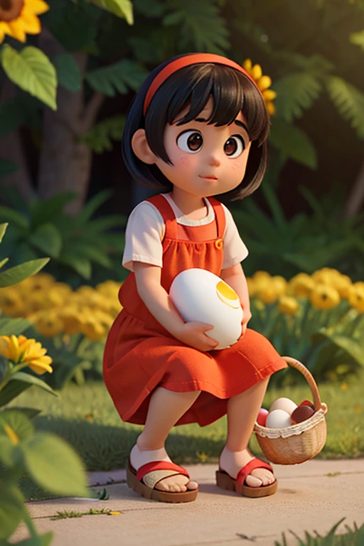 Generate a Pixar-style picture of chubby (1) one little year old girl, short straight black hair, brown eyes, nothing on hair, combed to the side, knee-right red dress with yellow flowers, with brown flip flops, short red socks, happy and smelling, crouching down, the girl is bending down placing a white egg delicately from one basket to another basket.. cinematic lightning.