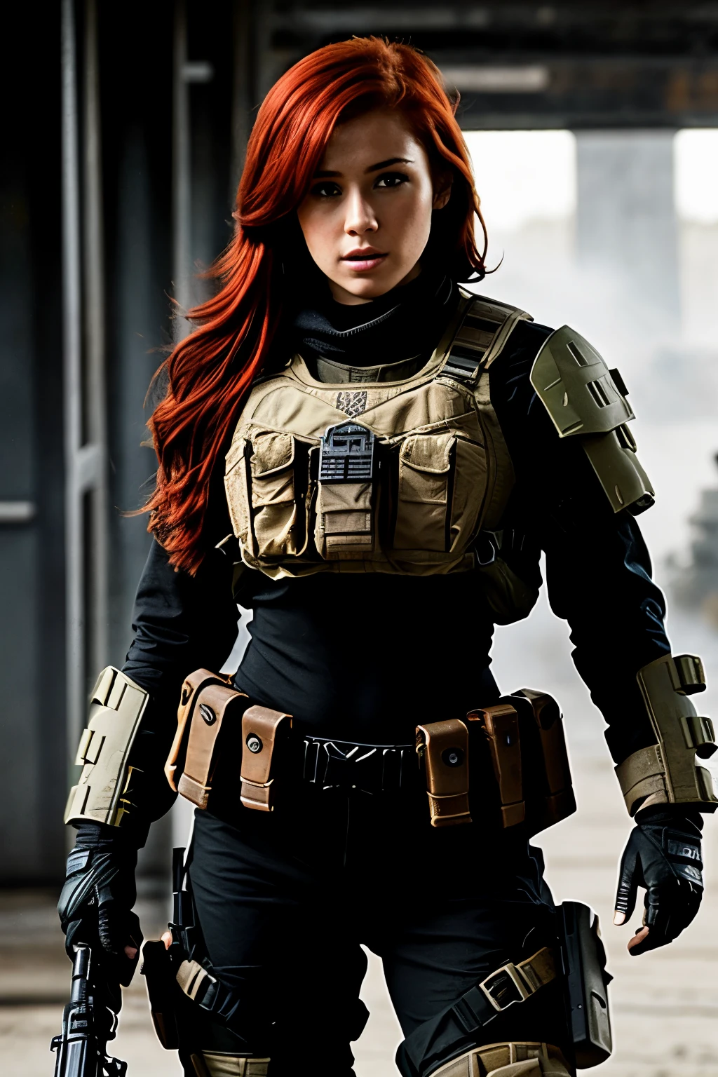 Call of duty female with red hair and brown eyes in fully gear