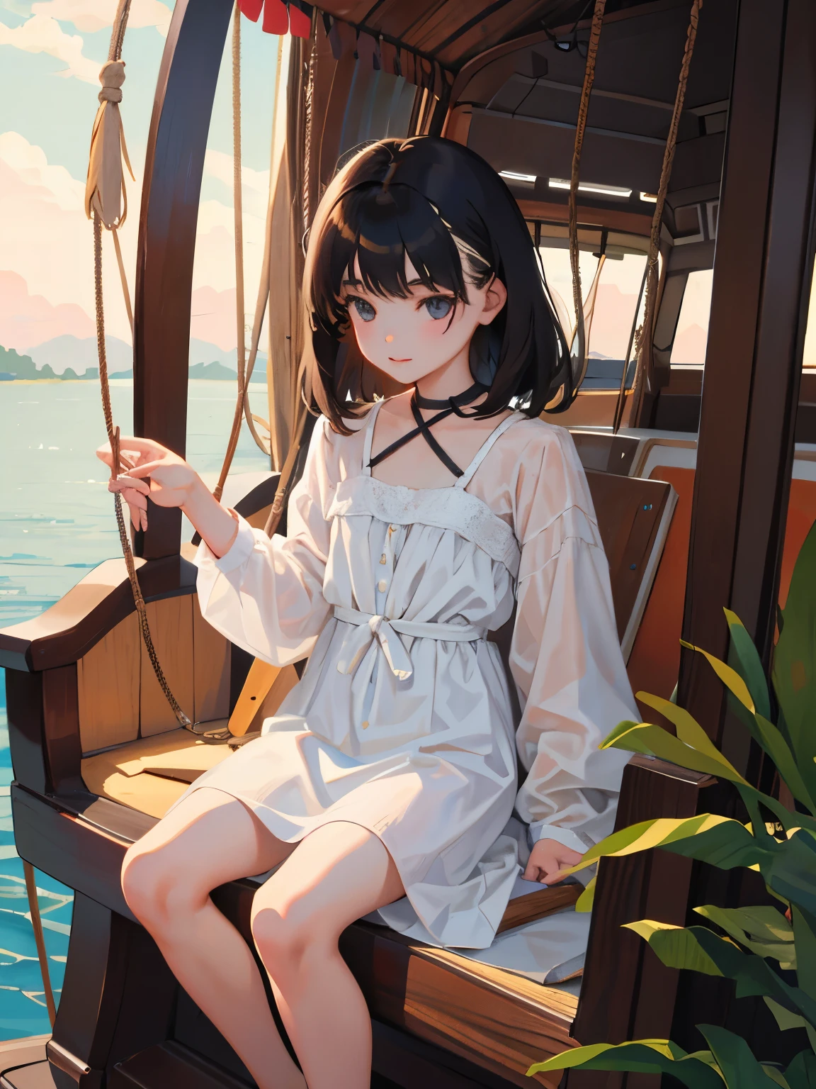 Boat ride，(​masterpiece，Highest Quality），child，(A dark-haired)，Delicate body