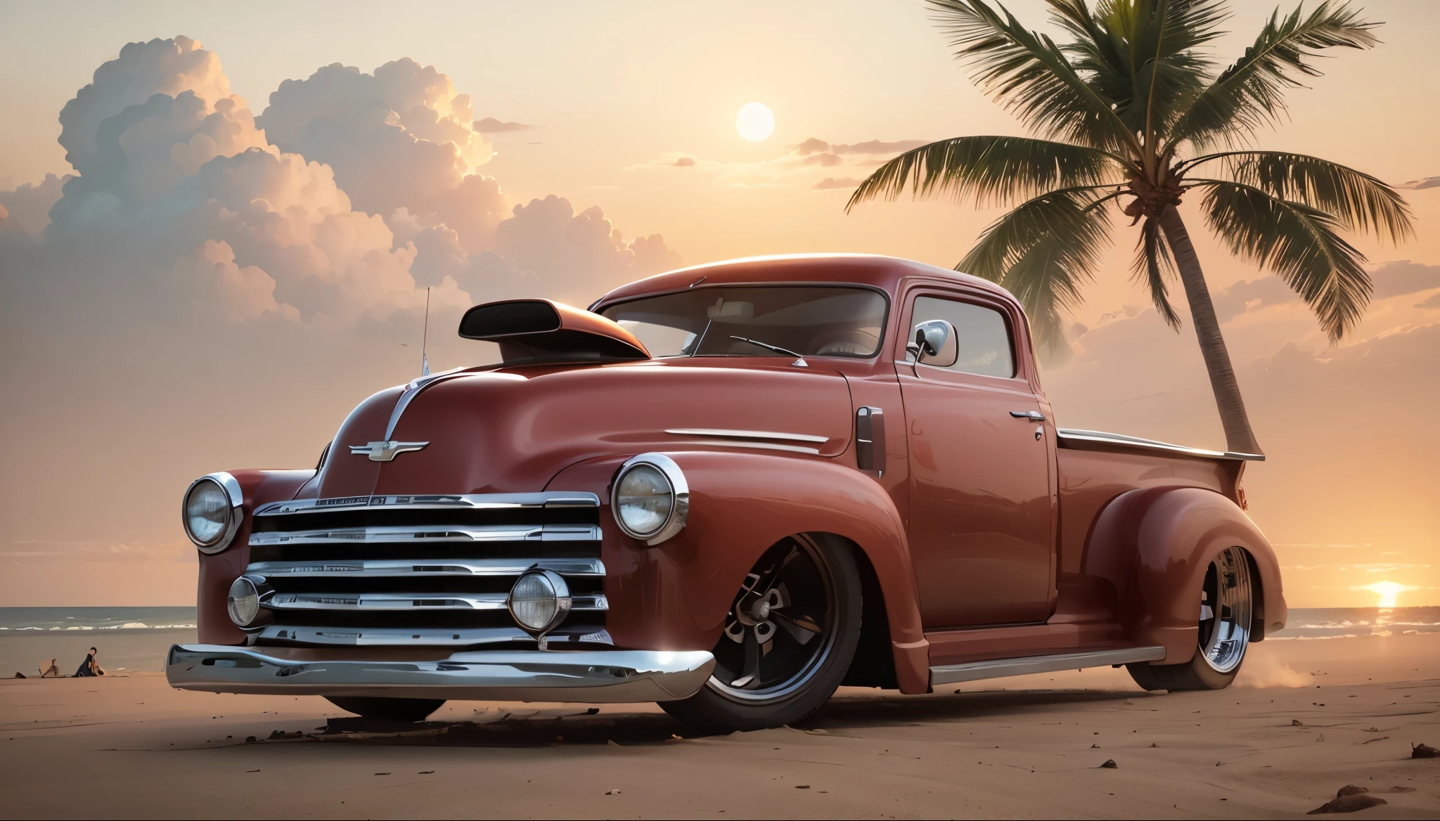 Imponente Pick Up Chevy Vermelha 55 Show Car, enormes rodas BBS, Ridiculously low stance parked near palm trees and beautiful mansions with balconies in sunny California and beach and boats and yachts at sunset near Syd Mead