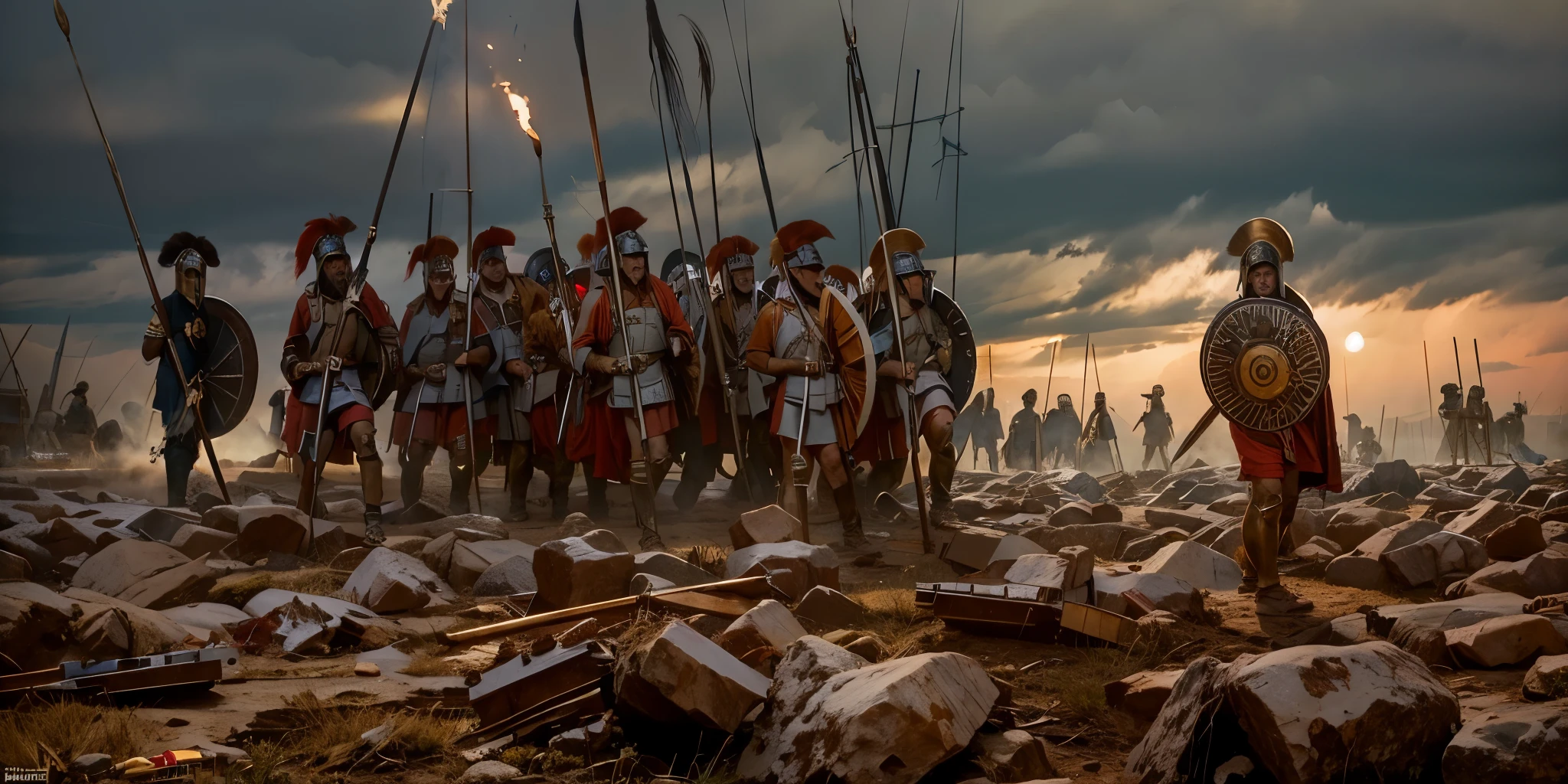 (RAW photo:1.4) there are many people in the RAW photo, by Artur Tarnowski, leading spartans into battle, background: battle scene, ancient battlefield, epic battlescene, undead soldiers in background, by Ludwik Konarzewski, by Roman Bezpalkiv, by Krzysztof Boguszewski, dramatic RAW photo