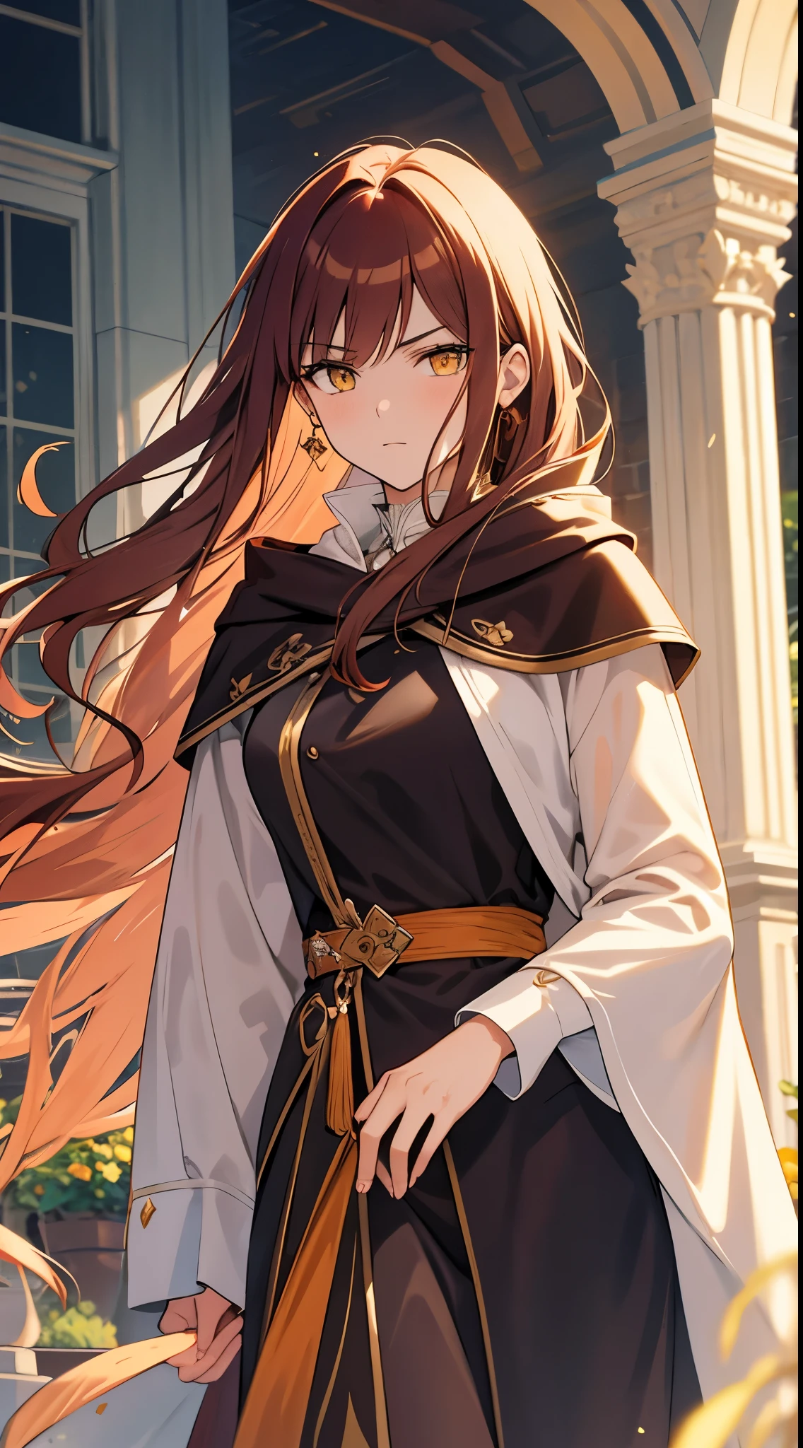 [[[ultra-detailed, best quality, soft skin, beautiful, 4K]]] Auburn hair, amber eyes, princess, long hair, slender body, dynamic angle, serious expression, elegant, dignified, masterpiece, traveling cloak, outside gardens