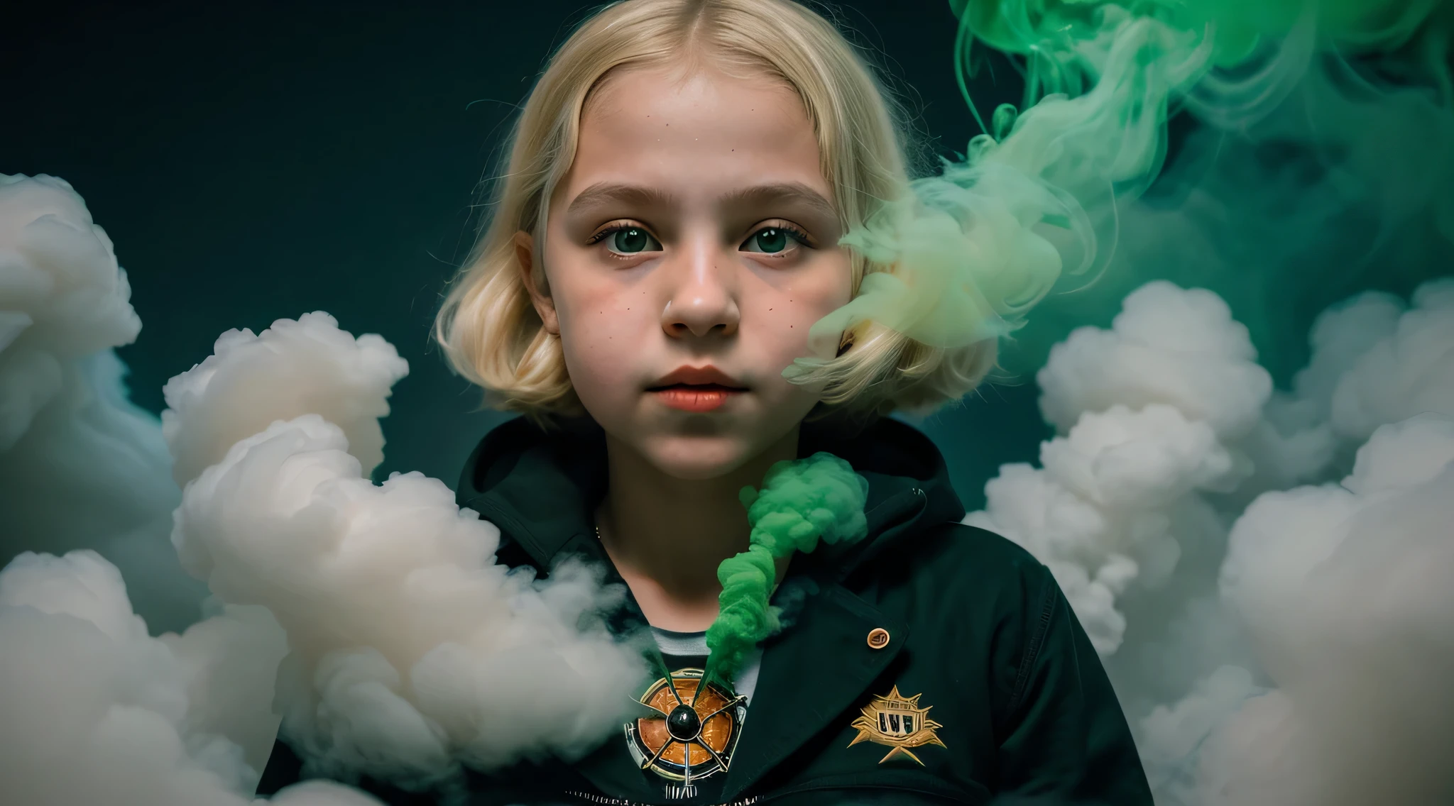 loira de 10 anos, Russian child BLONDE , fechar para cima, retrato, com longos cabelos loiros, em um CISNE NEGRO, The flames are burning in a circle shape, a, NUCLEAR QUIMICAL NUCLEAR, green smoke, SMOKE GREEN SMOKE.