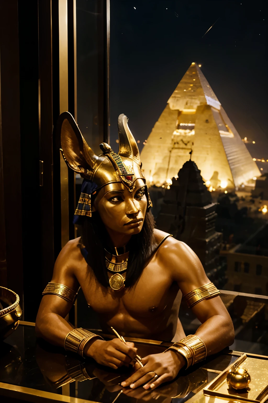 Egyptian Anubis sitting on a table of gold and many jewels while writing on a parchment with a background window at night filled with futuristic buildings