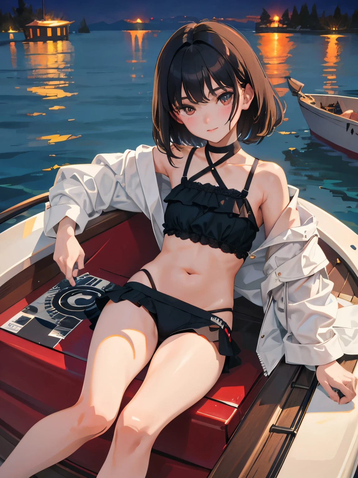 ride on a vinyl boat,(masterpiece,Highest Quality),child,(A dark-haired),Delicate body