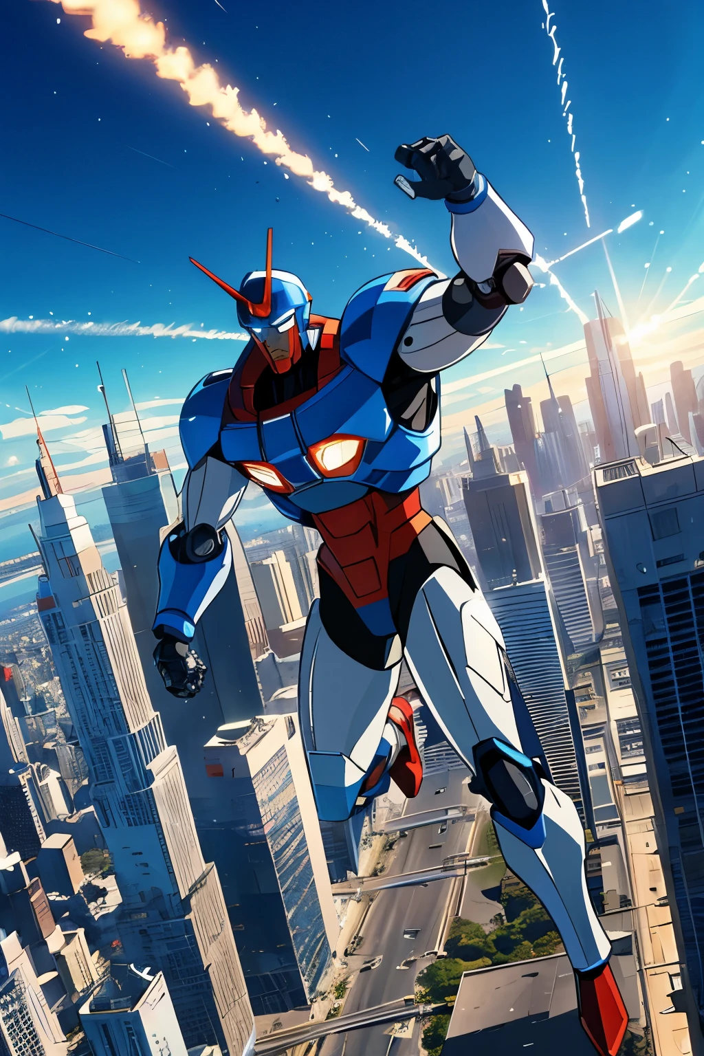 Mecha-Man - A robot with super-strength and the ability to fly. He was created by scientist Dr. Bolt to be a force for good. Mecha-Man flying over a city, with his jet boosters propelling him through the skyscraper-filled sky. His robotic body gleams in the sunlight as he soars.