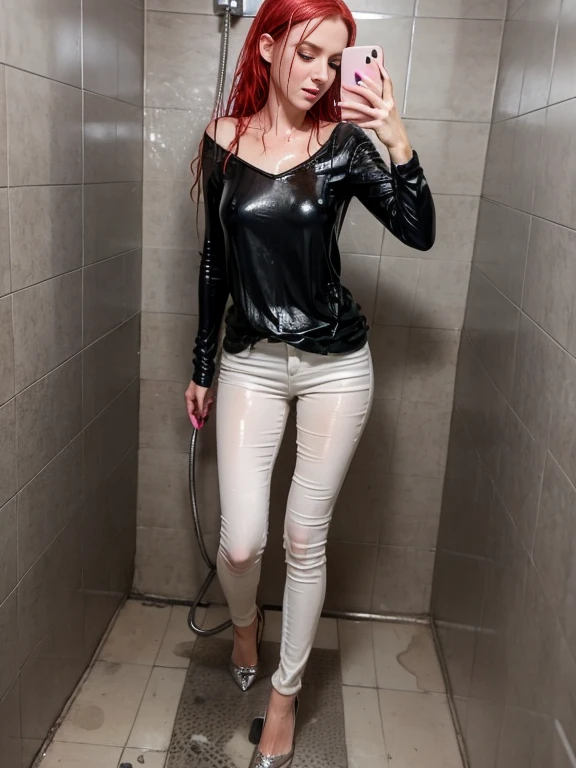 woman taking a shower, red hair, five inch black heels, (skinny jeans), white blouse, soaking wet, (wet hair), water pouring through clothes, SoakingWetClothes, ((show heels)), taking a selfie