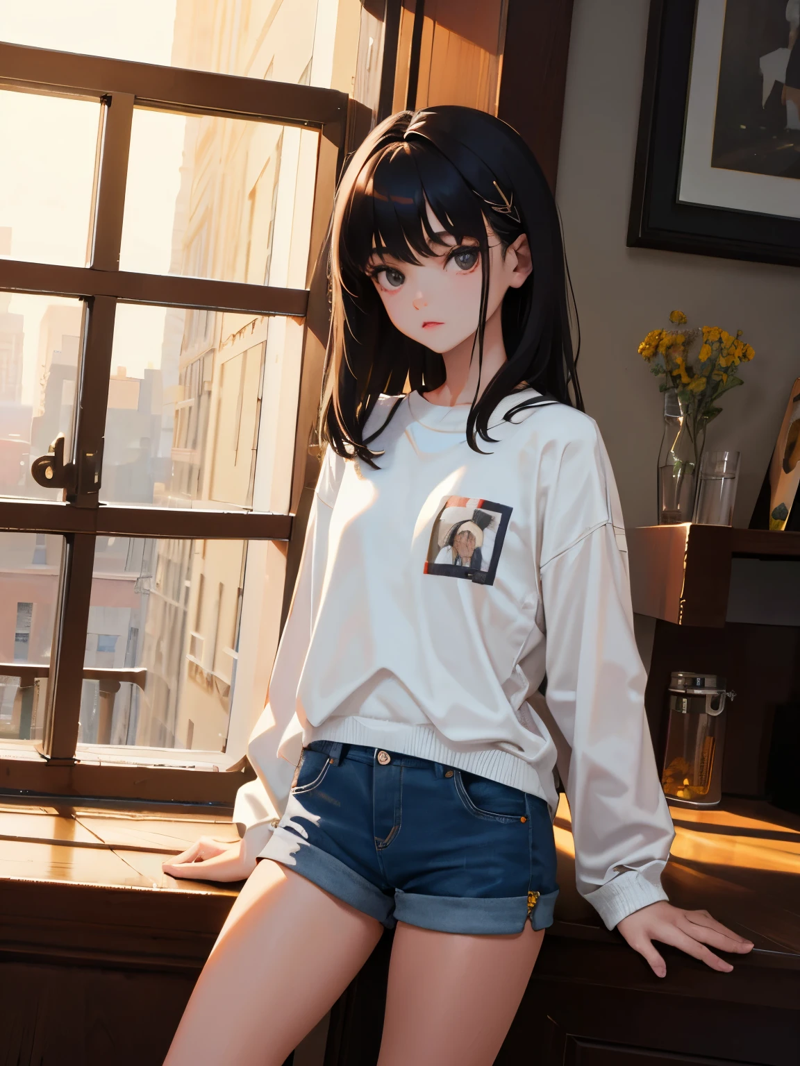 hotpants,(masterpiece,Highest Quality),child,(A dark-haired),Delicate body