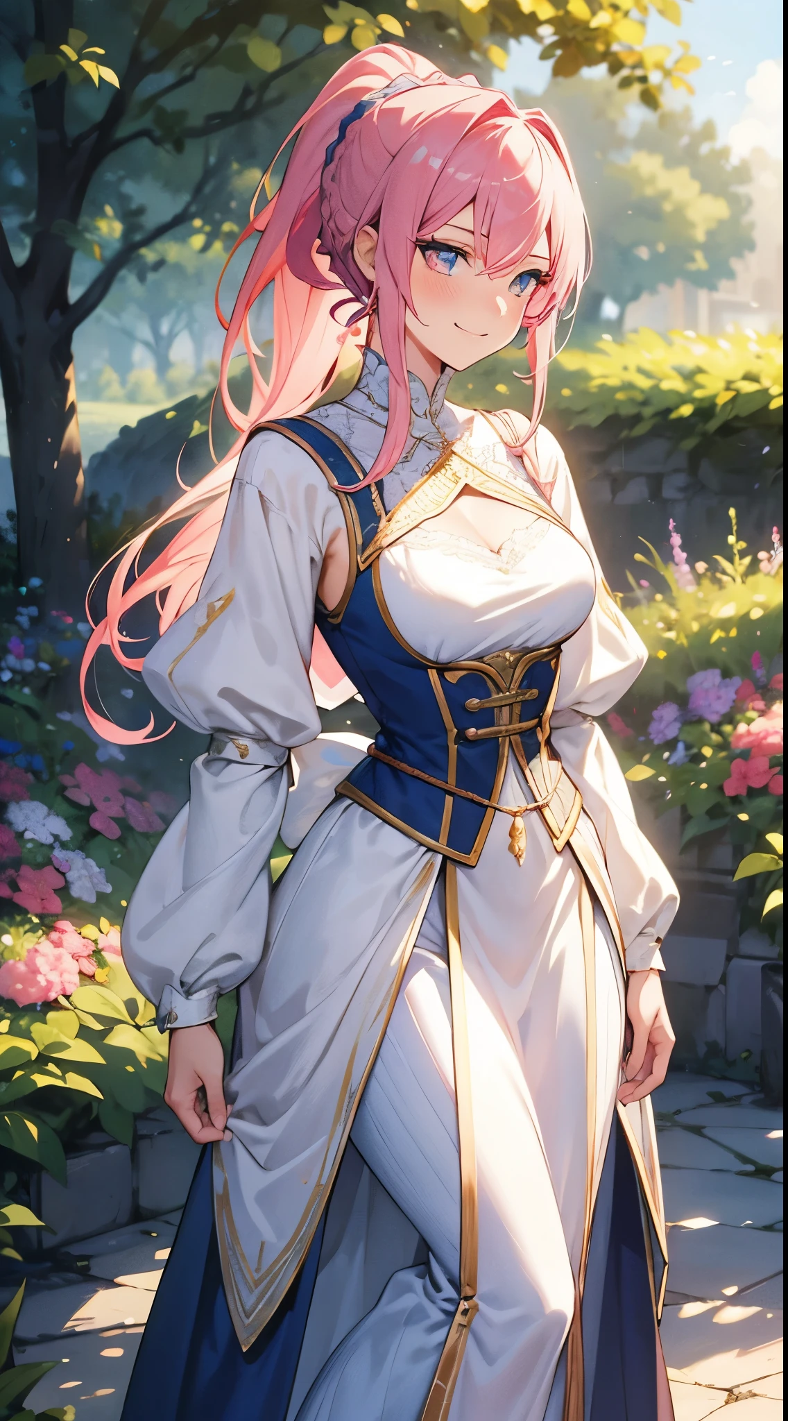 [[[ultra-detailed, best quality, soft skin, beautiful, 4K]]] portrait, pink hair, straight hair, lace braid ponytail, medium hair, sapphire eyes, slim body, gardens background, medieval princess outfit, hairpin, smirking, standing up