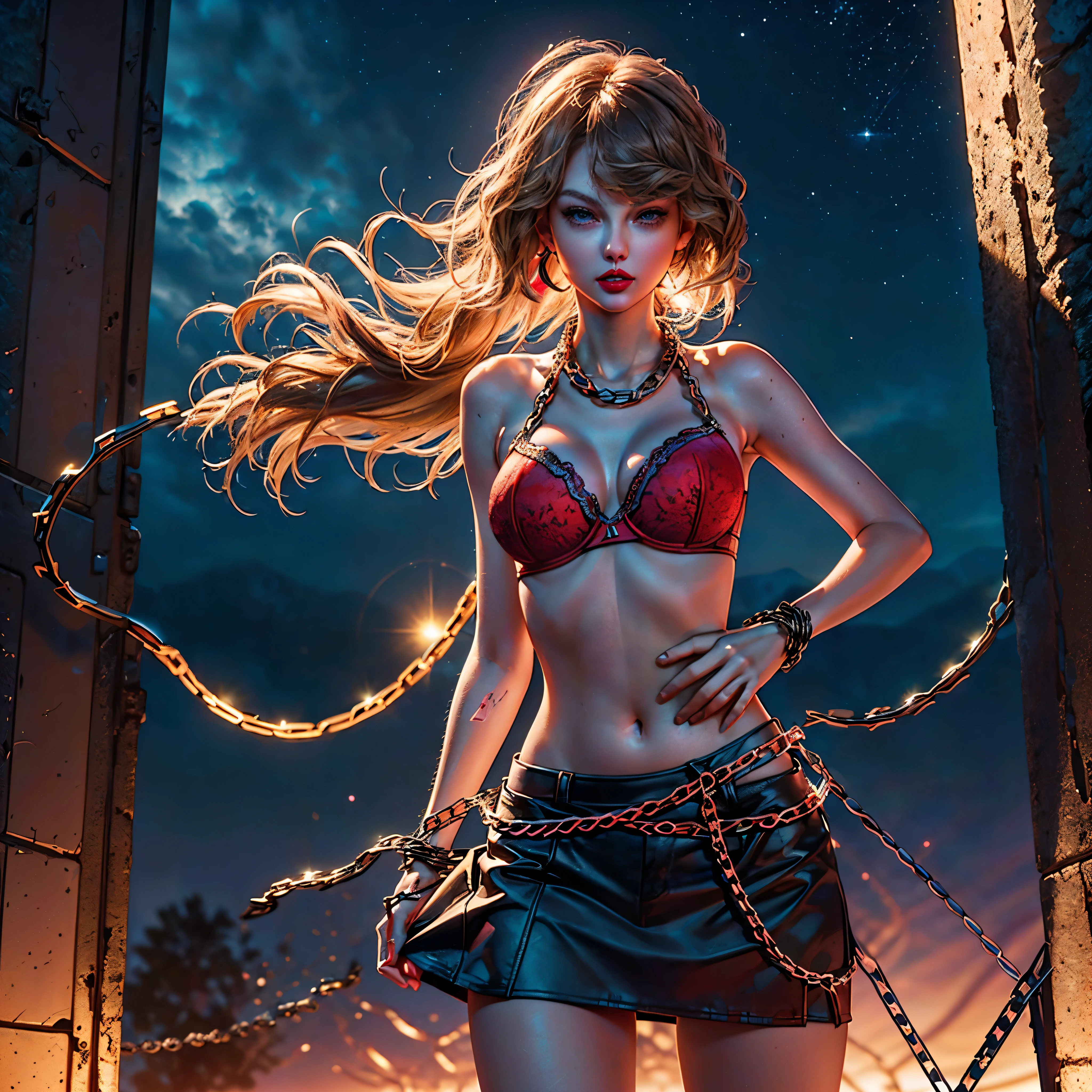 nebulae hyper Nebula Moonrise epic moonset moonshine Taylor Swift (Obra maestra:1.3), Ultra detallado, ultra-high-resolution, (realista, Foto realista:1.37), Foto en vivid color DSLR de alto detalle, cinematiclight, Destello de lente, profesional photography, (proporciones perfectas), (Anatomically correct), ((Ver el visor)), (hombros expuestos), Una foto de ((Taylor Swift, 28 years old)), con cuerpo perfecto, Rostro muy delicado y ojos detallados, (light brown short hair:1.5), (maquillaje ligero:1.5, (red lipstik:1.8), delineador), (pechos llenos:1.5), Pale skin, ((Taylor Swift)), ((Dressed in a slave bra with chains:1.68)), ((Correa de cadena:1.51)), ((pechos cubiertos por una cota de malla sexy:1.5)), ((Blanco, negro: Latex pants, Ultra Detailed Layered Chain Pant)), (cintura estrecha:1.2), (mediano), ((Blanquea la piel, cara delgadientre delgado: 1.2, (muy delgado, Cuerpo bien musculado:1.32), ((Cara ultra detallada)), The attention to detail, 二重まぶた, (erotic:1.5), Smile of satisfaction, Gorgeous appearance, Aspecto electrizante, ((Disparo de vaquero)), (dynamic pose: 1.3), ((Noche de la ciudad), (neon sign), (Noche), andante), (Taylor Swift:1.4),(manos detailed ) ,(miniskirt amarillo plisada:1.4), ((Las proporciones correctas)), panties blue, pantimedias white,More enhanced detailed.motor irreal:1.4,UHD,La mejor calidad:1.4, fotorrealista:1.4, textura de la piel:1.4, obra maestra:1.8,obra-prima, mejor calidad,objeto Objeto], (detailed face features:1.3) Unrealengine5 ultra meticulously intricate ultra_high-details ultra_high-def ultra_high-res ultra_high-quality optimal ultra_sharpness ultra_photo-realistic focus perfection accurate volumetric moonLight Lightning contrast Cinematic moonlight backlight global illumination cgi vfx sfx reflex Octane_rendered extreme improved UHD XT3 DSLR HDR romm rgb pbr 3dcg fxaa blay vivid colors-coded anti-aliasing fkaa txaa rtx ssao opengl-shaders glsl-shaders naked nsfw varies multi etc. --s 1000 --c 20 --q 20 --chaos 100