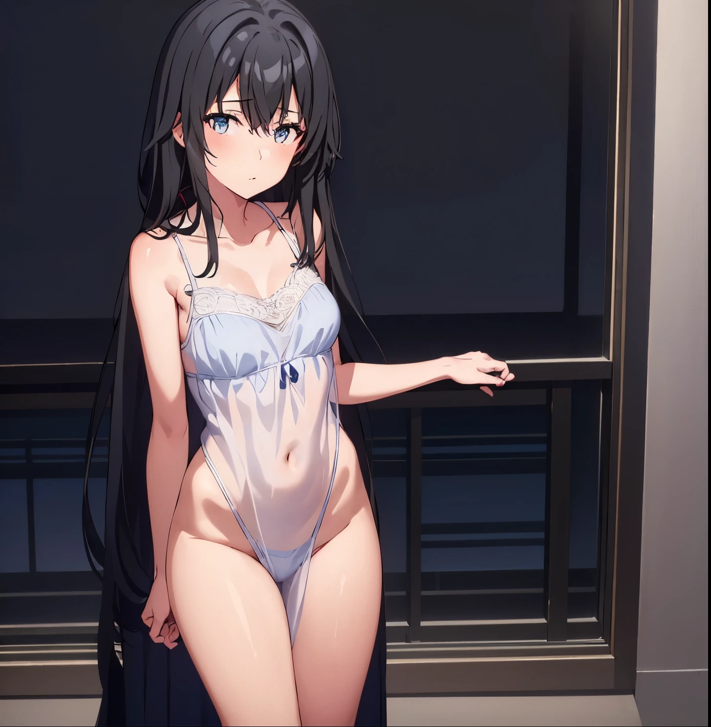 1 girl, alone, yukinoshita yukino, long hair, black hair, light blue eyes, medium chest, medium waist, wide hips, wide thighs, white nightgown, black lace panties, she wet, arms on top of head, raised nipple under nightgown, looking at viewers, outdoors, good anatomy, good hands