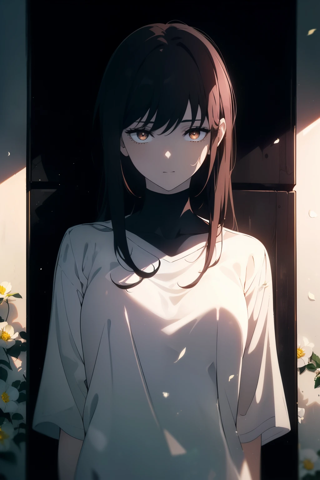 ((((Obra maestra, La mejor calidad, ultrahigh resolution)))), 1girl, standing, (baggy white t-shirt, loose fitting blue shortlack hair, dark black hair over eye)), long hair cut, pale skin, ((brown eyes)), glowing_eyes, neon eyes, (ultra detailed eyes:0.7, beautiful and detailed face, detailed eyes:0.9), ((centered)), smile, ((wide shot)), facing viewer, (((vibrant background of outside, flowers, bright lighting, summer, sunlight))), flat chested, looking at viewer, ((half closed eyes)), ((perfect hands)), ((head:1, hips, elbows, arms, in view)), ((hands behind back)), empty eyes, beautiful lighting, defined subject, 25 years old, ((cool looking))
