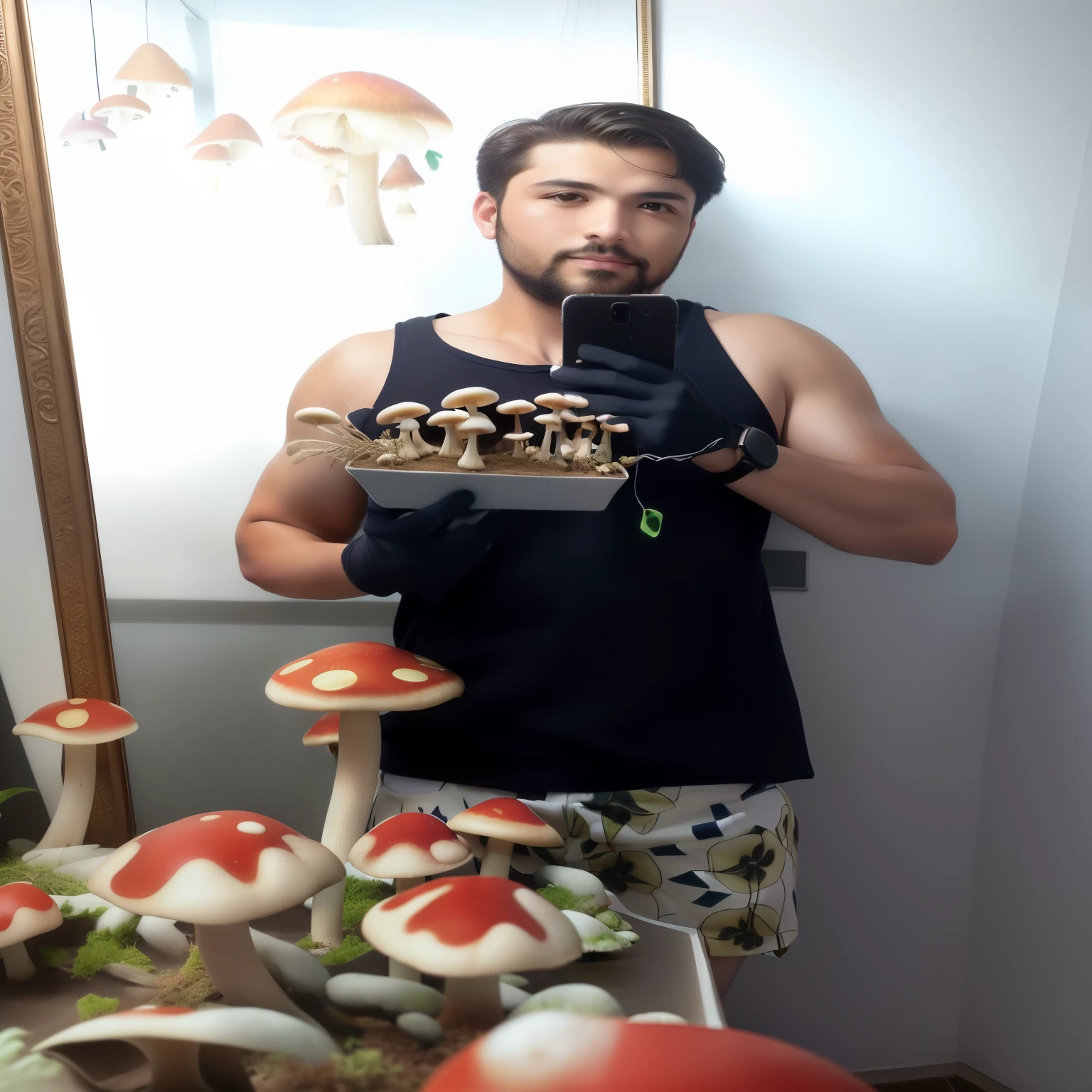 there is a man taking a photo of a mushroom exhibit, shrooms, Cogumelos everywhere, Cogumelos grow from the body, Cogumelos, magic Cogumelos, inspirado em Ludovit Fulla, Micologista, imagem de corpo inteiro, fotorrealista de corpo inteiro, selfie espelho, holding a 🛡 and an 🪓, made of Cogumelos, cogumelo trippy, tiro de corpo inteiro hiperdetalhado