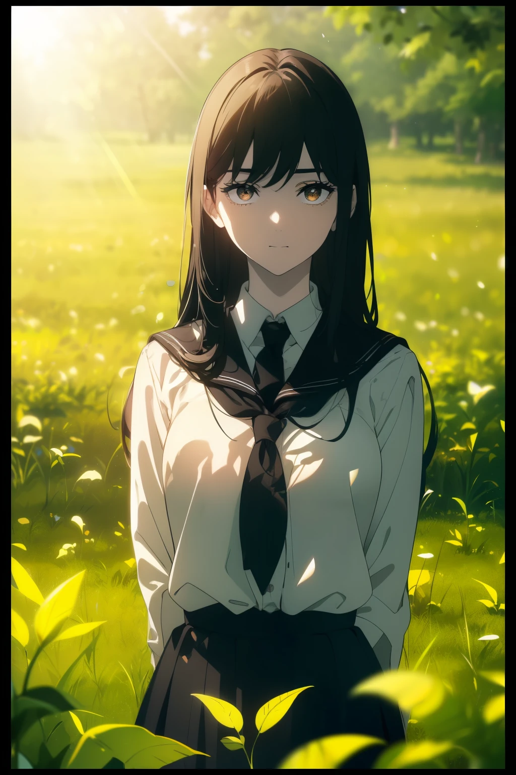 ((((Obra maestra, La mejor calidad, ultrahigh resolution)))), beautiful girl, standing in an open field, (((wearing school uniform))), (long black hair hair in view, in frame), pale skin, ((brown eyes)), (ultra detailed eyes:0.7, beautiful and detailed face, detailed eyes:0.9), ((centered)), smile, ((wide shot)), facing viewer, (((vibrant background of outdoors, field of swaying grass, bright lighting, summer, sunlight))), flat chested, looking at viewer, ((perfect hands)), ((head:1, hips, elbows, arms, in view)), ((hands behind back)), beautiful lighting, defined subject, (18 years old), ((cool looking)), ((sunny glare))