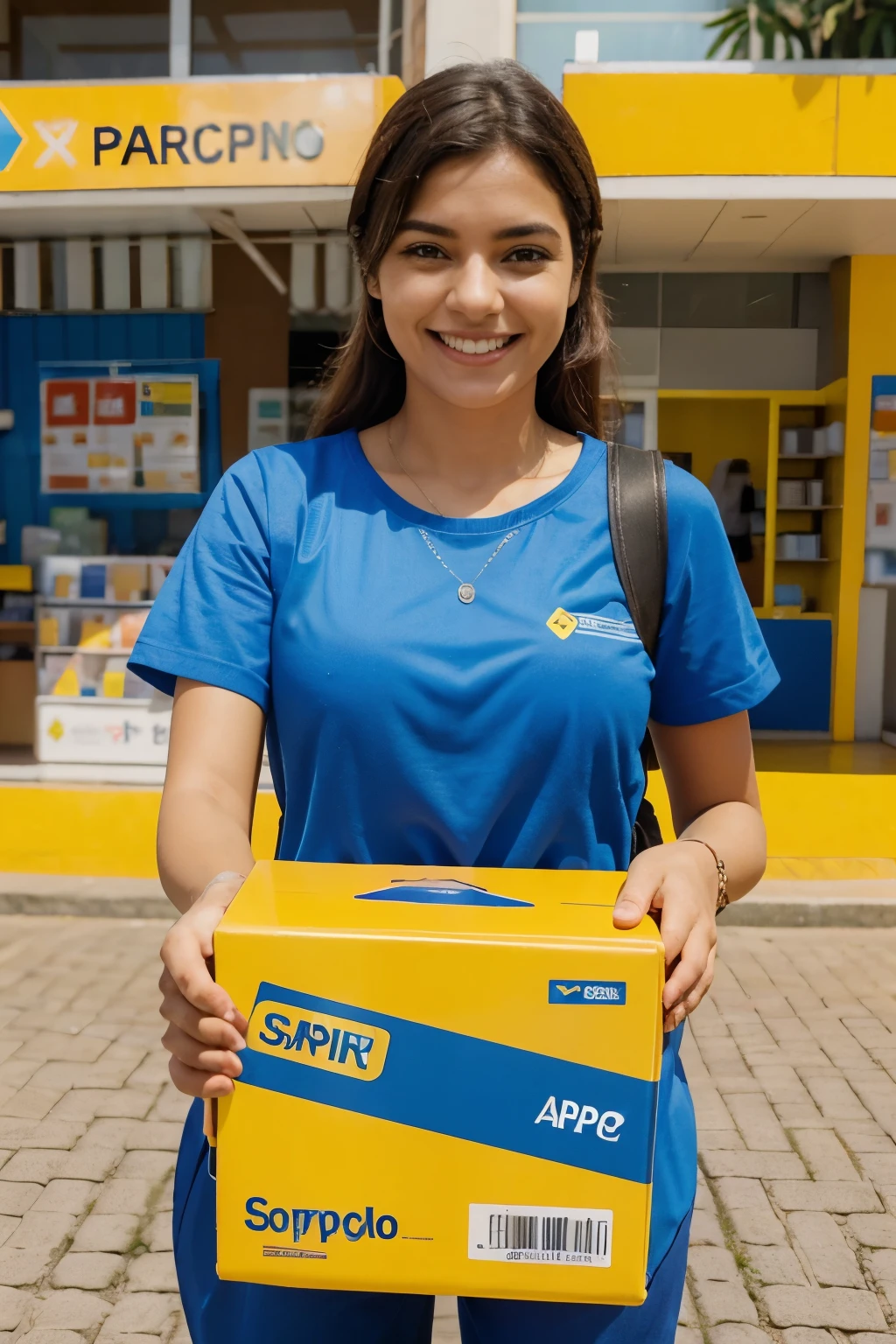 Mulher comercial segurando caixa de papelao dos correios sorrindo pra camera
