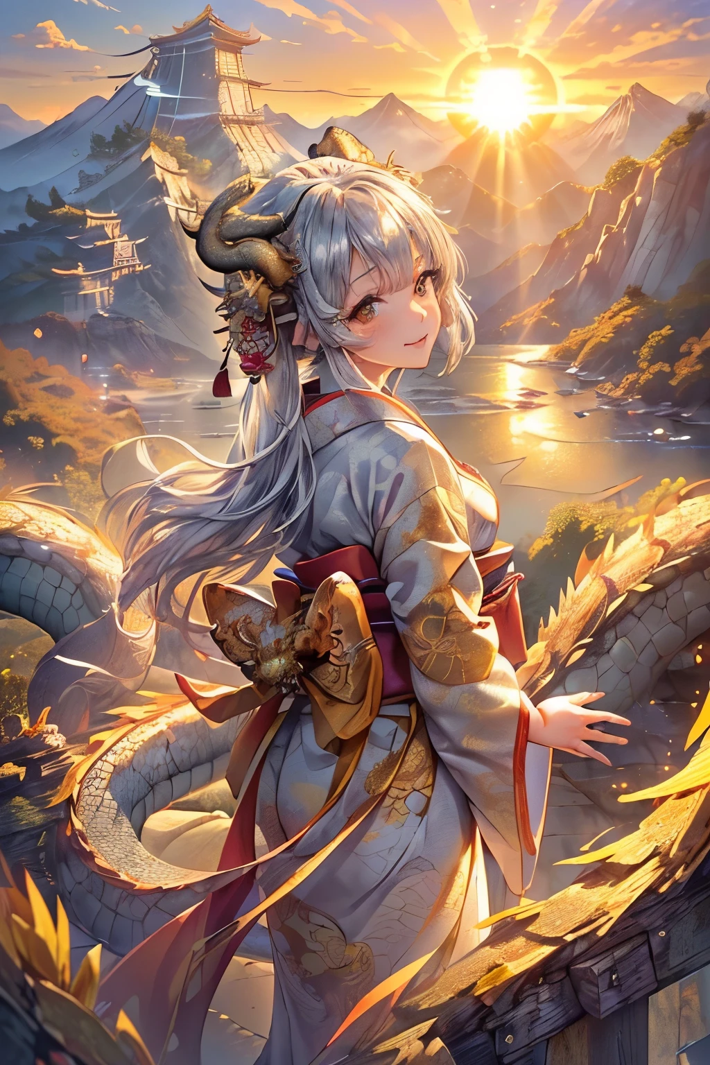 ((worst quality, low-quality)), ((girl with)), Solo, (facefocus,:1.4), ((half updo, Silver hair)), clear eyes and plump, Glossy lips, Gold eyes):1.2), Spoken Heart, ((perfect hand:1.5), (traditional Japanese clothing:1.2), (wearing a kimono with a dragon pattern, Dragon embroidery, Dragon pattern:1.3), embarrassed, Standing, Looking at Viewer, Head tilt, (The theme is the fragility of life.:1.0), (sunrise light, rays of the morning sun:1.4), (Golden Dragon, Golden Dragonの頭:1.3), (Beautiful magnificent mountains and dragon background:1.4),masutepiece, Best Quality, ultra-detailliert,