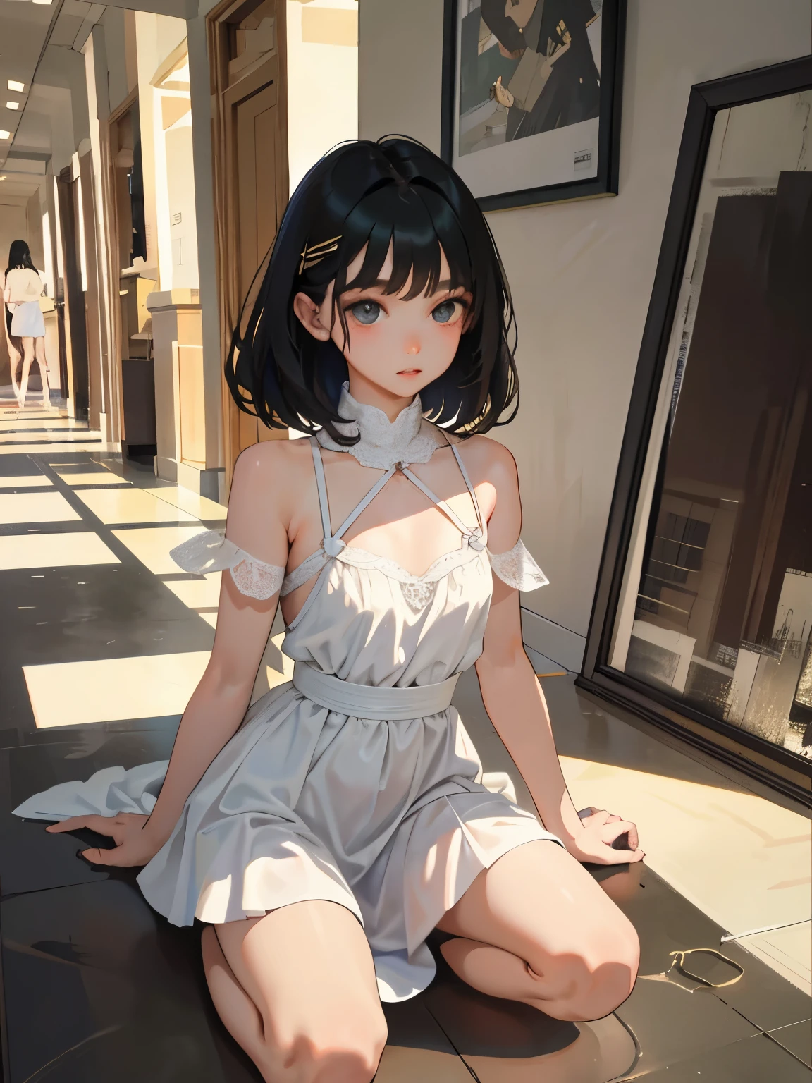 crouching down，(​masterpiece，Highest Quality），child，(A dark-haired)，Delicate body