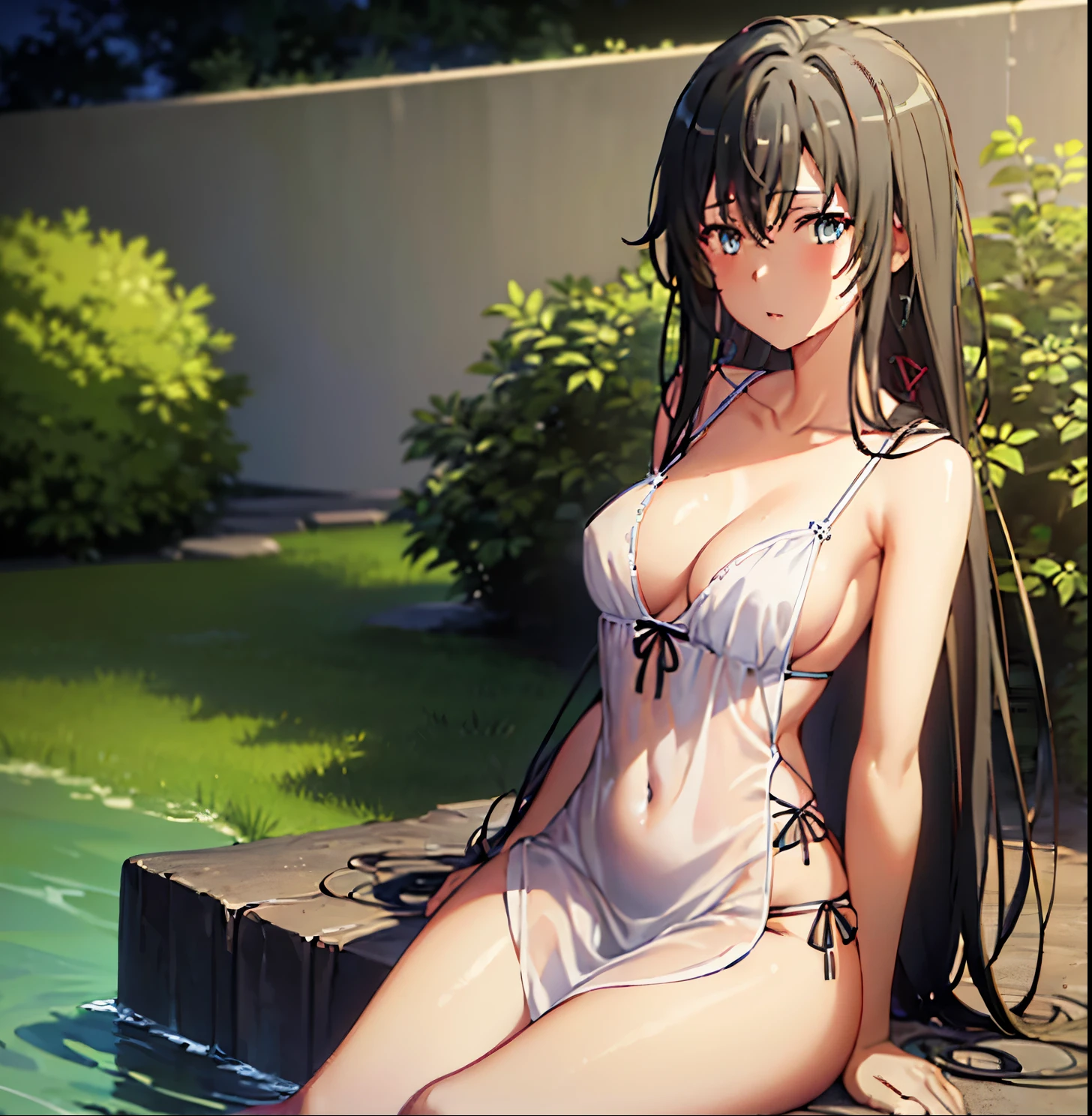 1 girl, alone, yukinoshita yukino, long hair, black hair, light blue eyes, medium chest, medium waist, wide hips, wide thighs, white nightgown, black lace panties, she wet, arms on top of head, raised nipple under nightgown, looking at viewers, outdoors, good anatomy, good hands